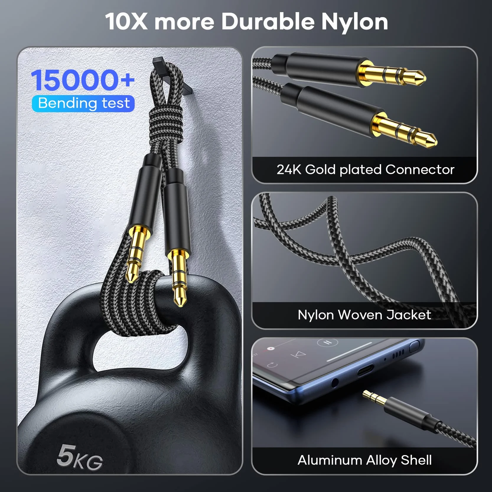 Câble Jack 3.5mm, Cable Jack Audio Mâle vers Mâle Câble Auxiliaire Stéréo en Nylon Compatible avec Casques, Autoradios, Smartphones, iPhones, iPod, iPad, Lecteur Mp3 et Plus (1.2M)