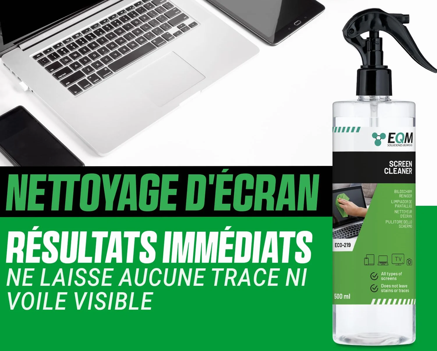 EQM - ECO-219 - Kit Nettoyant Écrans + Chiffon Microfibre - 500 ML - Format Premium - Compatible Tablette, Mobile, Ordinateur Portable, Appareil Photo, LED, OLED