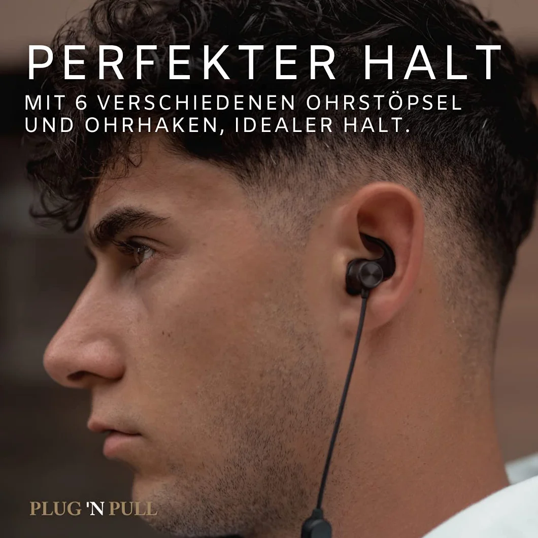 PLUG 'N PULL Écouteurs intra auriculaires sans fil Bluetooth 5.0 avec micro, 15 heures d'autonomie, microphone avec réduction de bruit, idéal sport, résistant à la transpiration, fixation magnétique