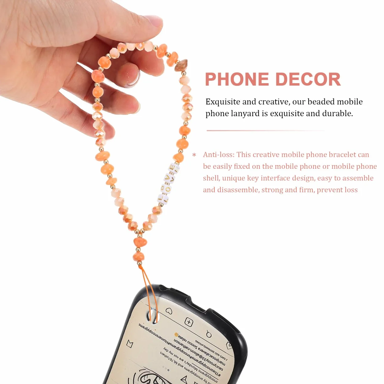 SEWACC Lanière Portable pour Téléphone avec Perles Décoratives Antidérapante Orange
