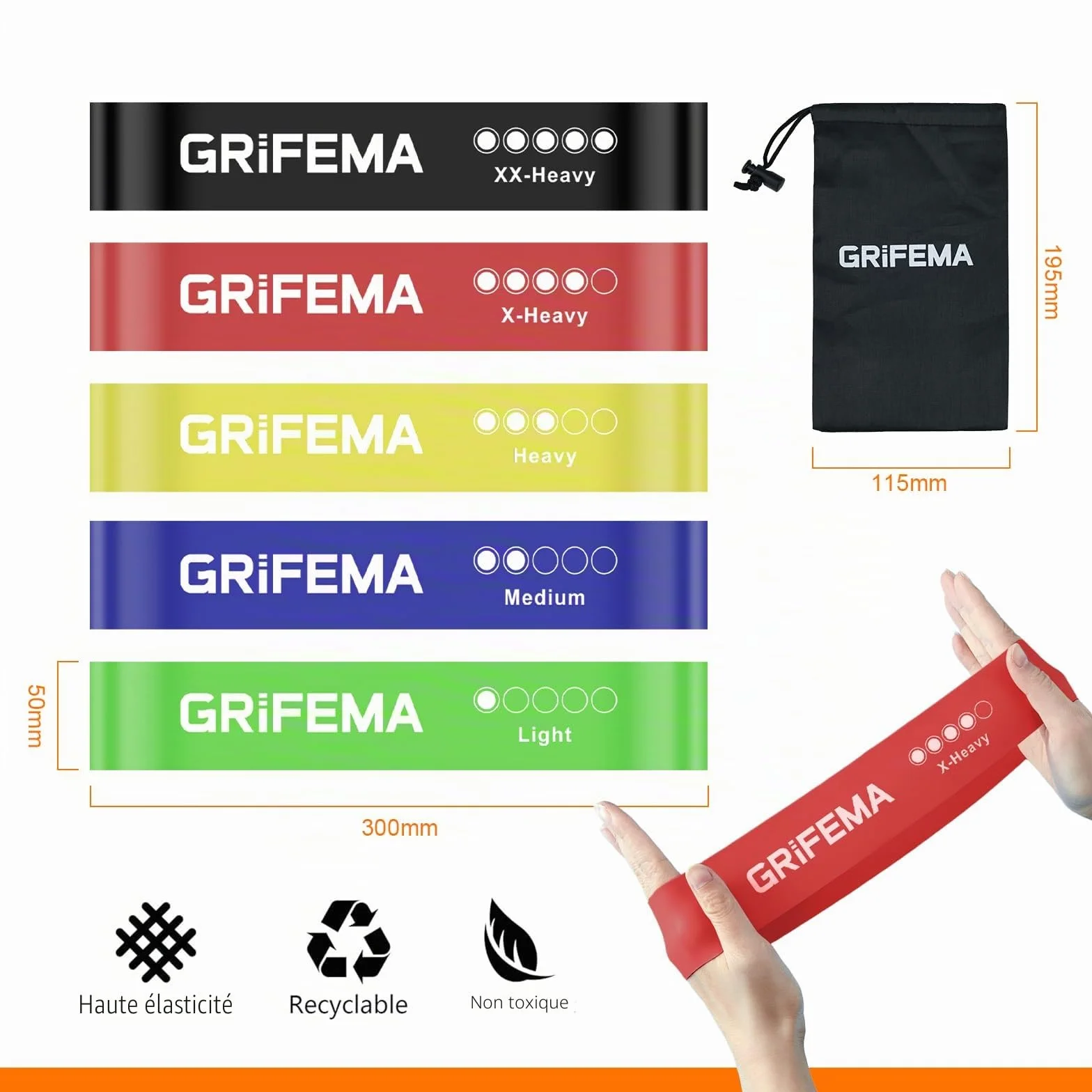 GRIFEMA GA5001 Bandes Élastiques de Musculation 5 Niveaux Résistance Pilates Yoga