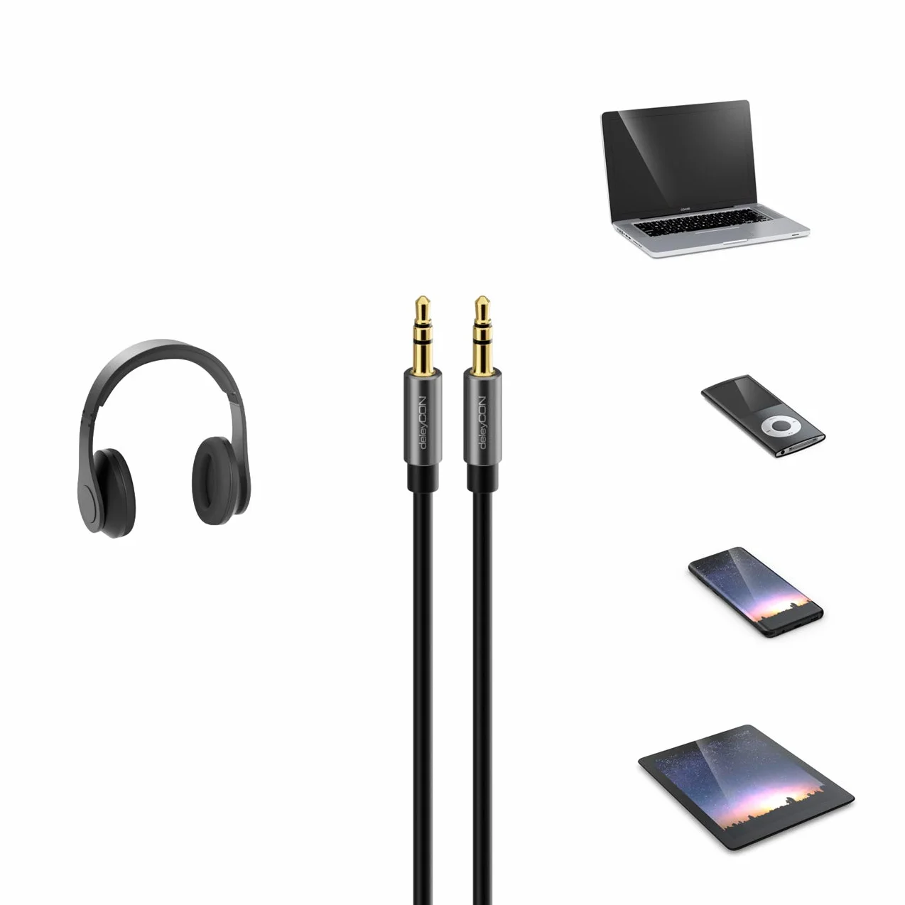 deleyCON 5m Câble Jack Audio Stéréo AUX 3,5mm Liaison sonore Connecteur Métallique Smartphone Mobile Tablette Casque HiFi Récepteur (Extra fin & Flexible)