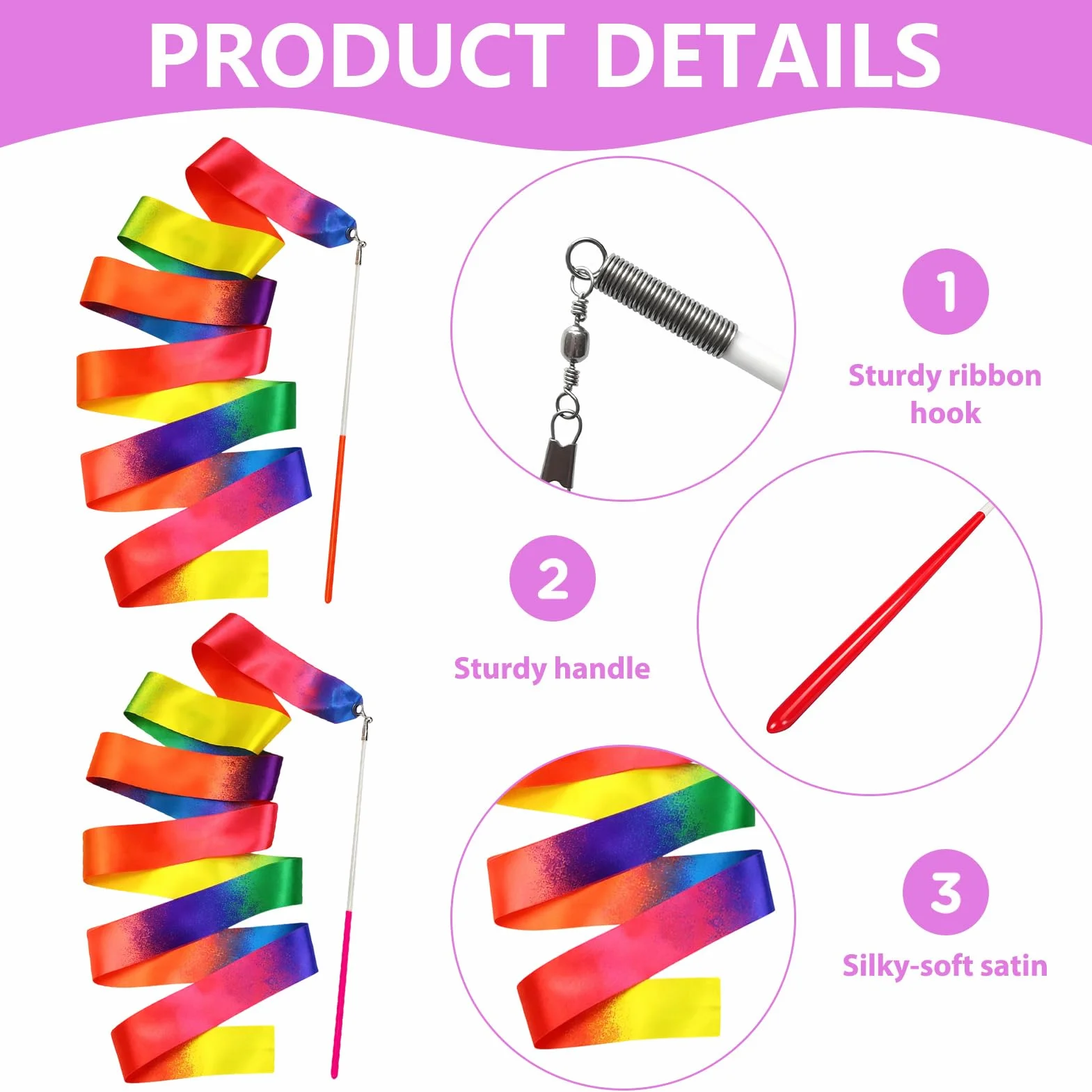Ruban Gymnastique Rythmique 2M Nylon Durable avec Bâton 29cm, Set de 2 Pièces Multicolores