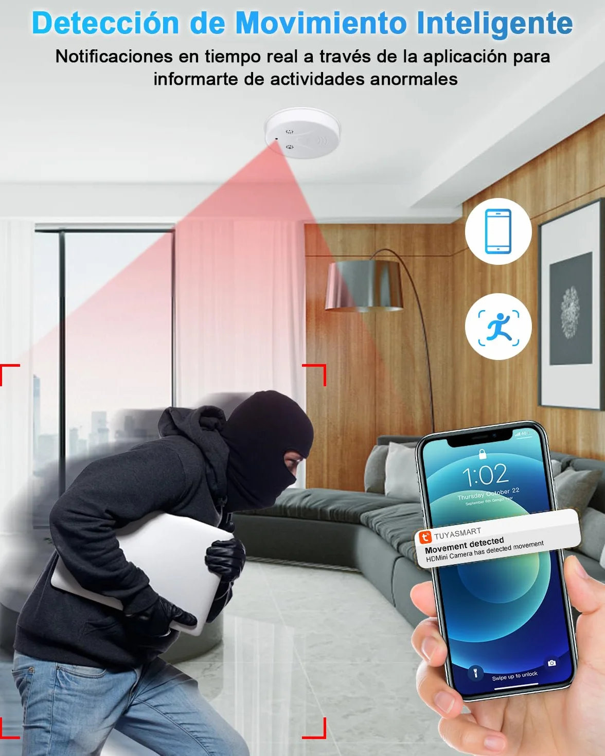 Caméra Espion WiFi 5G, Mini Camera Cachée Espion Discrete sans Fil HD 1080P, Micro Espion Détecteur de Fumée avec Vision Nocturne et Détection de Mouvement Tuya APP Enregistrement en Boucle
