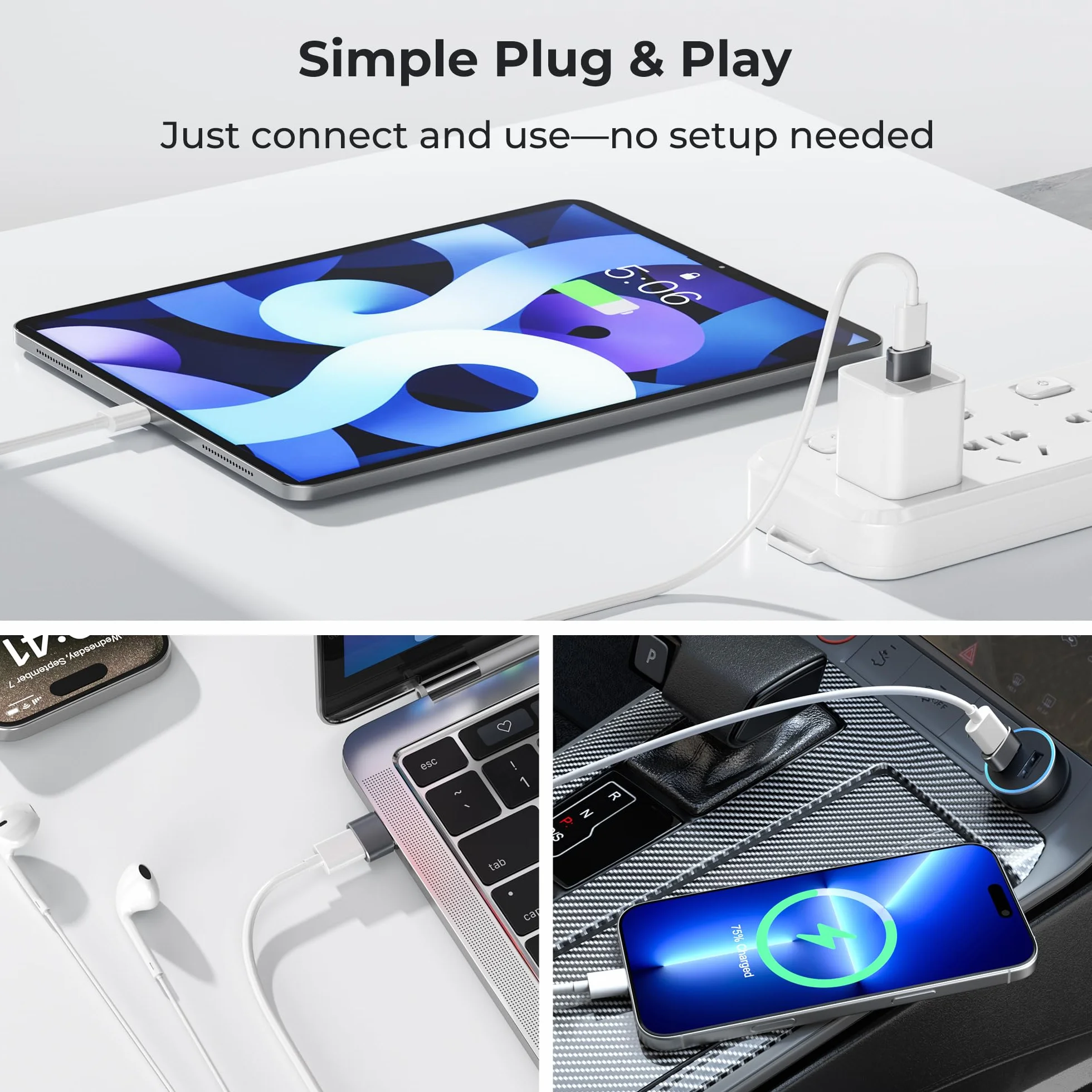Basesailor Adaptateur USB vers USB C 3 Pack Type C Femelle USB A Mâle Convertisseur Chargeur pour iPhone 17 Pro Max Apple 16 15 14 13 iWatch 8 9 S11 SE AirPods Pro 3 2 iPad 10 Air 4 5 Mini 6 7