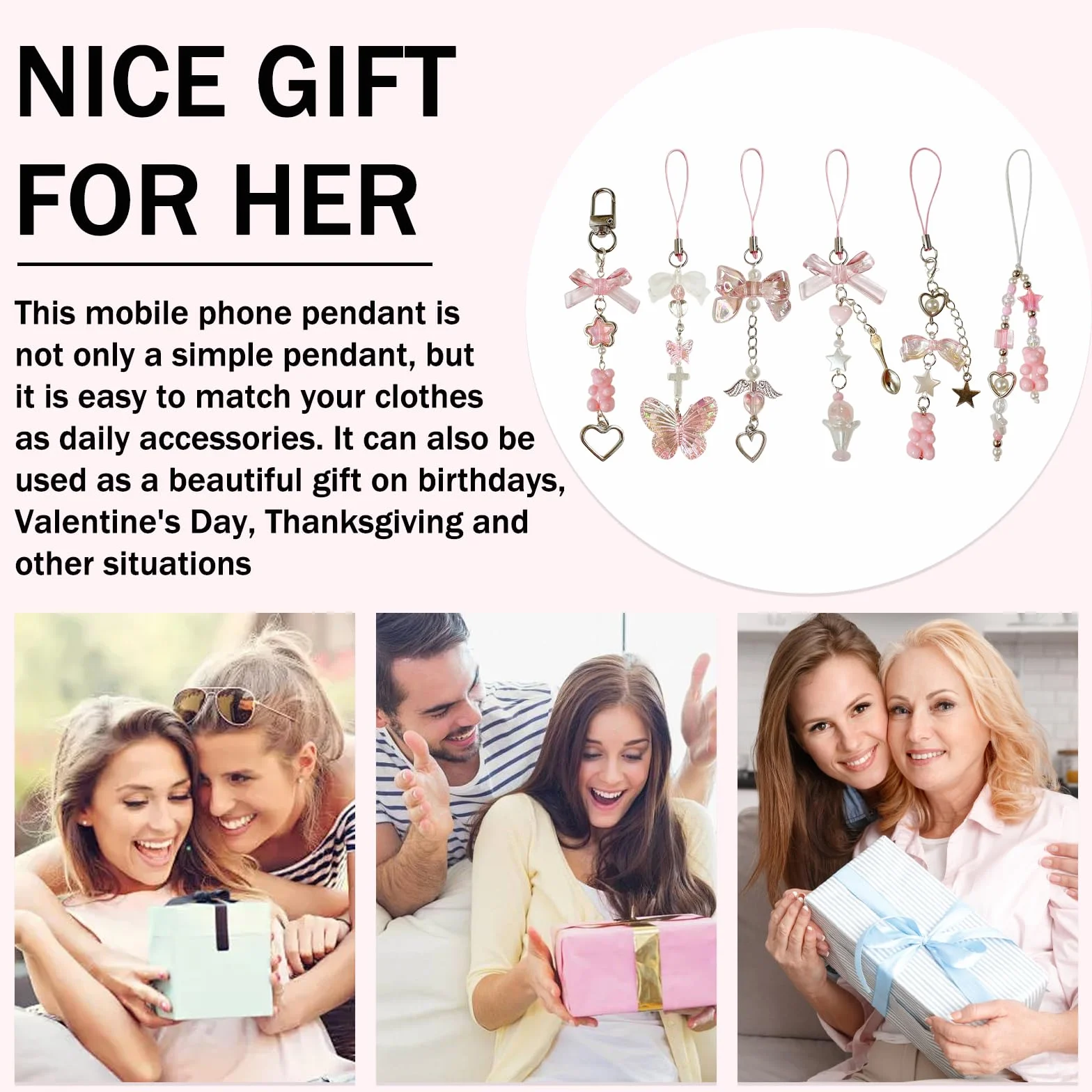 Pendentifs Y2K pour Téléphone Portable 6 Pcs, Kawaii Noeud Papillon Chaîne Anti-Perte
