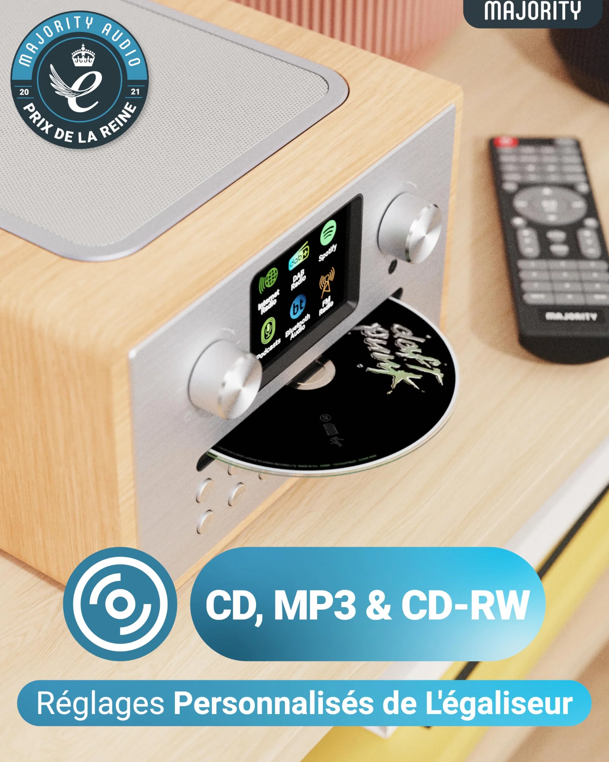 Majority Homerton Radio Dab Plus avec Lecteur CD Bluetooth Poste Radio Internet WiFi Ampli Tuner CD Spotify Connect Écran LED Couleur Télécommande Chêne