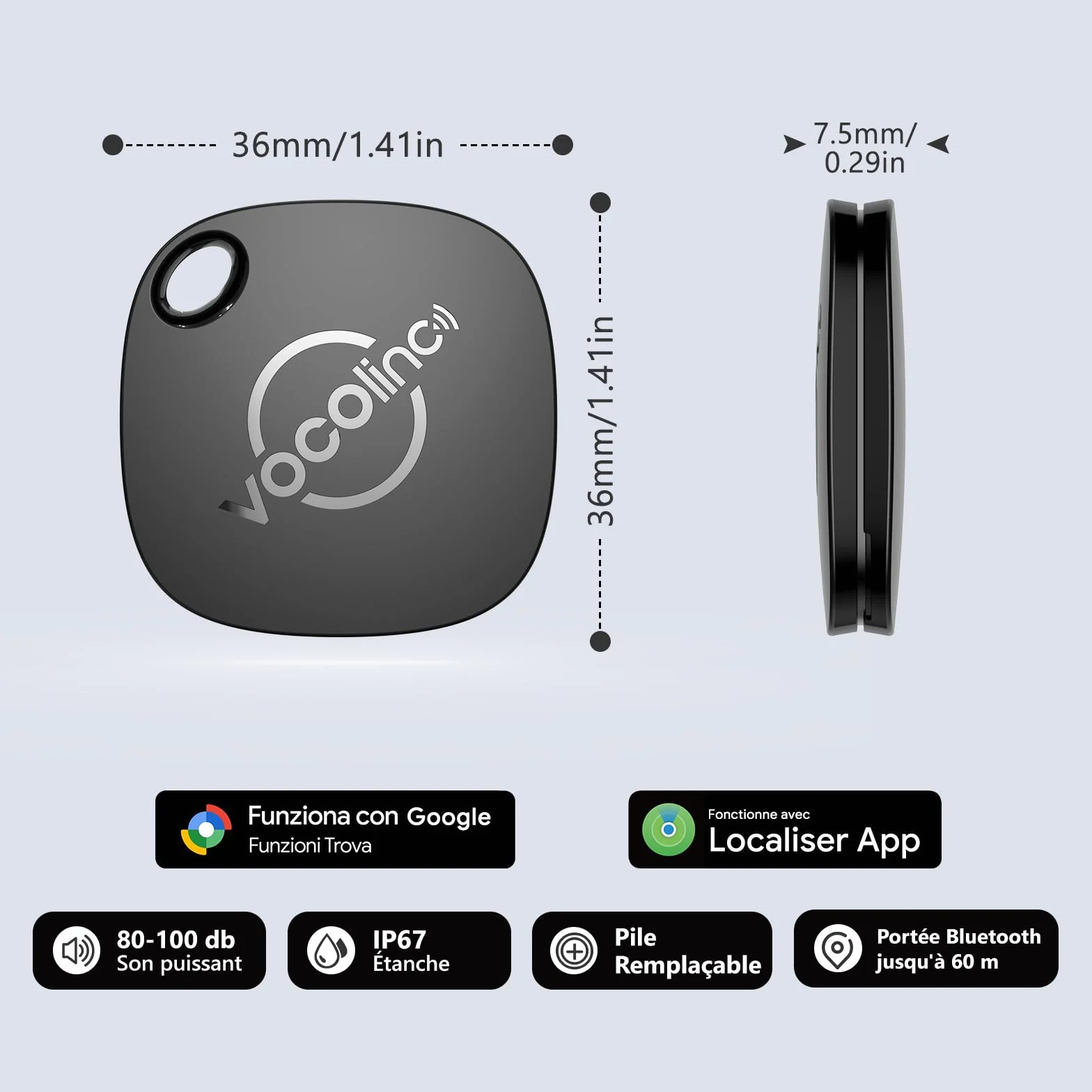 VOCOlinc Android Smart Tag Lot de 4 Double Système, Air-tag Traceur Fonctionne avec l’app Localiser Apple et Google, Tracker Localisateurs D’Objets pour Valise/Clés/Sacs/Bagages, Batterie Remplaçable