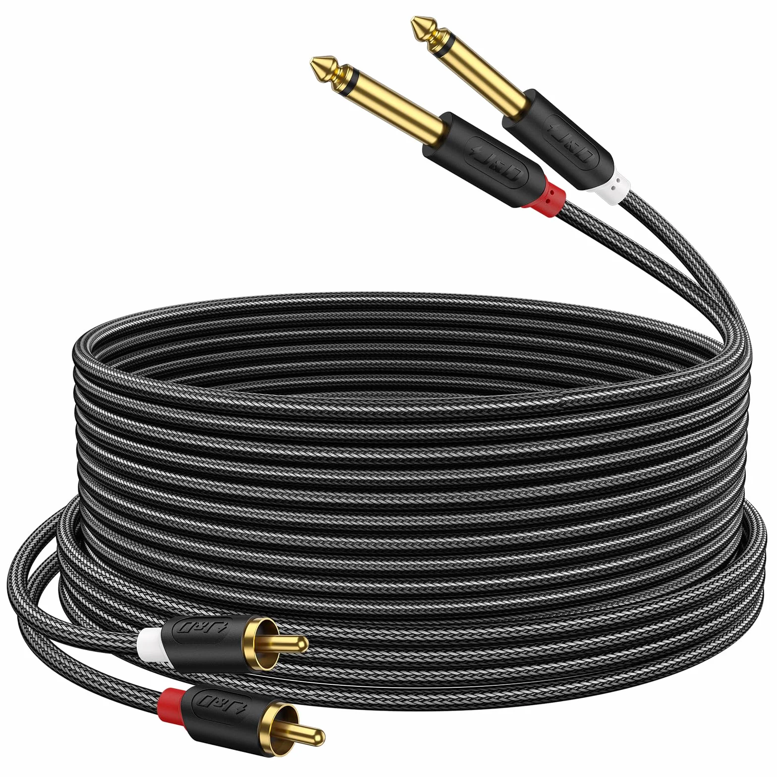 J&D RCA vers Jack 6,35mm Câble 4,5M, RCA Câble Plaqué Or Série Audiowave 2 x 6,35mm (1/4 Pouce) Mâle TS à 2 RCA Mâle PVC Décortiqué Adaptateur Audio stéréo Y Splitter RCA Câble avec Tresse en Nylon