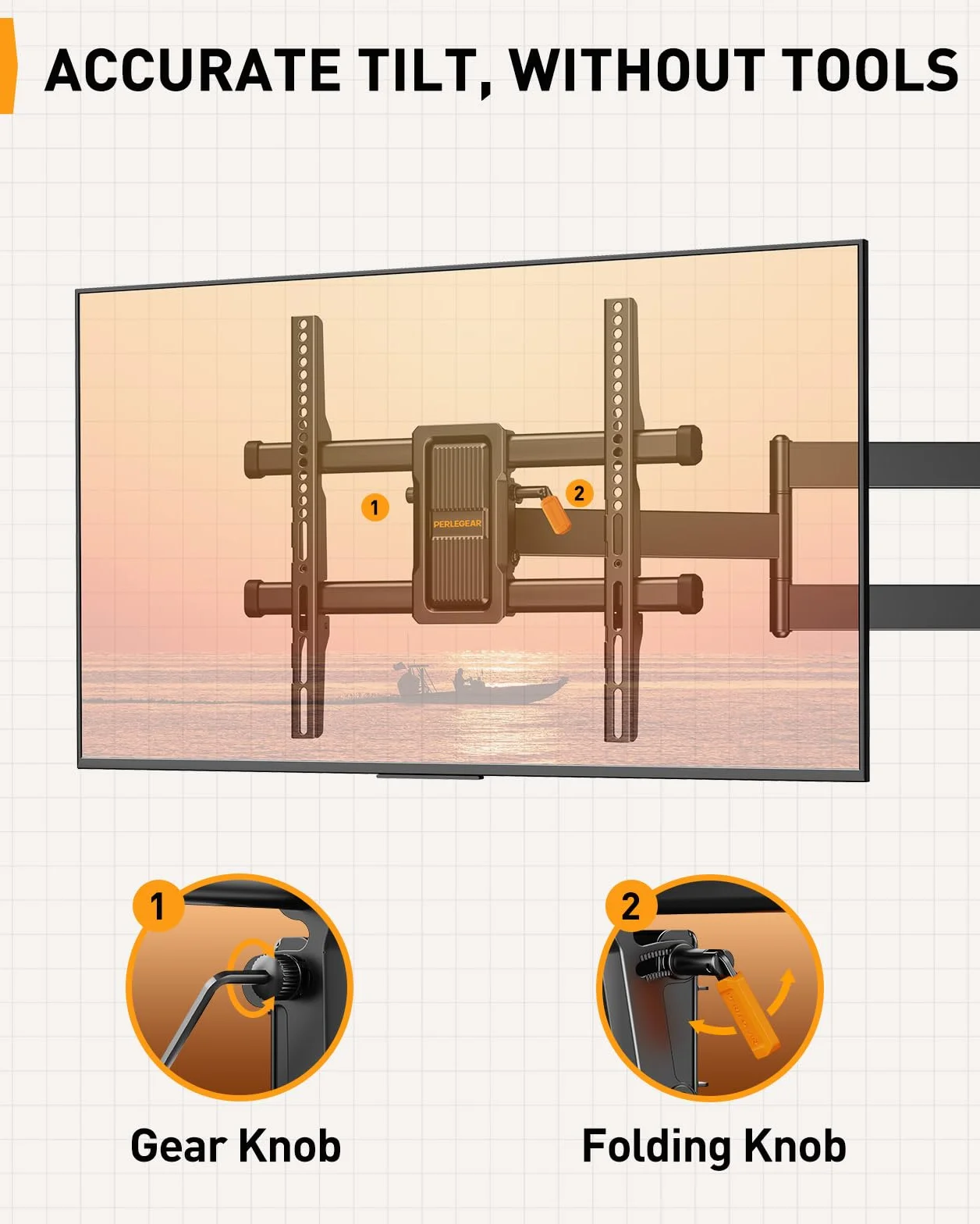 Perlegear Support Mural TV à Bras Long, Support TV à Mouvement Complet pour Téléviseurs de 32-65″, Capacité de Charge de 60 kg, Support TV d'angle avec Pivotement de ±90°, VESA Max 400x400mm, PGMF24B