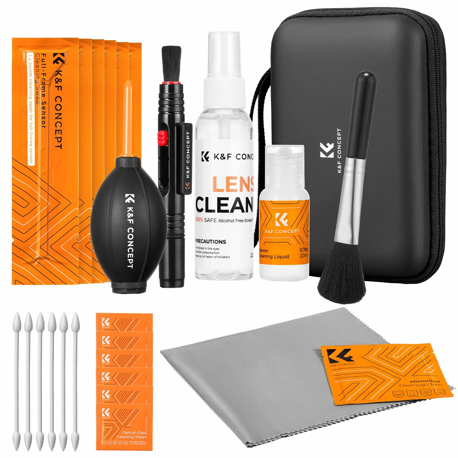 K&F CONCEPT 25 en 1 Kit de Nettoyage pour Appareil Photo avec Stylo, Soufflante, Chiffon Nettoyage, Liquide, 24MM Nettoyeur Capteur Plein Format, Brosse pour Objectif d'Appareil Photo DSLR, Téléphone