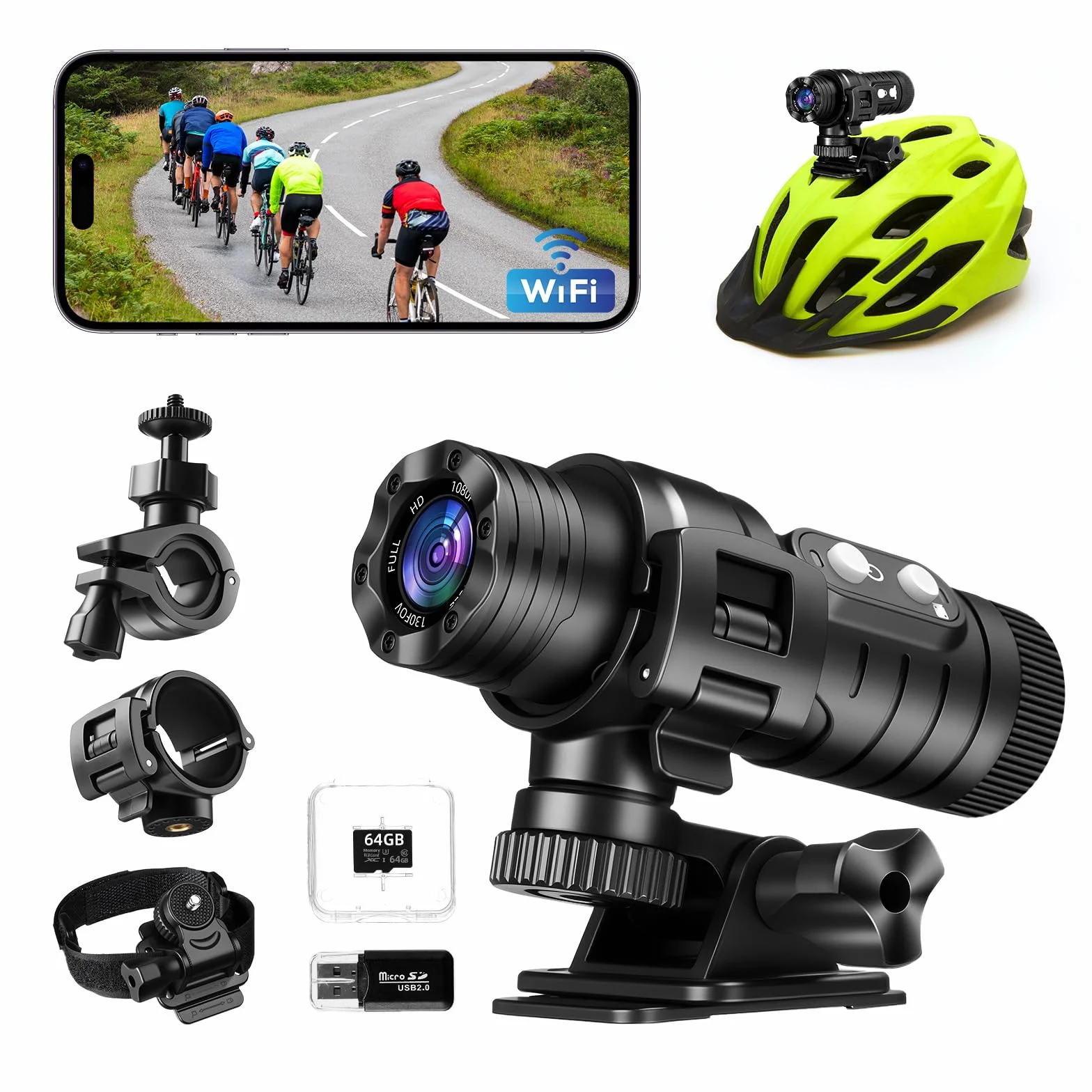 AIKER Caméra Sport WiFi Étanchéité IP66 1080P HD 120° Grand Angle Caméra Moto