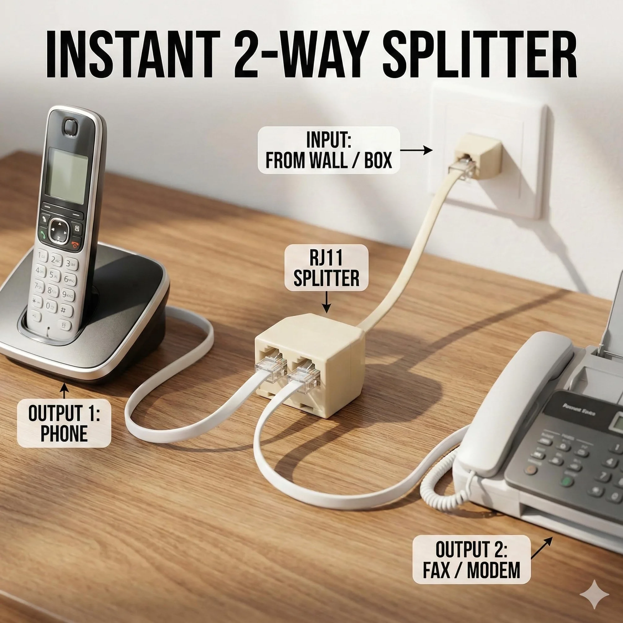 Répartiteur Téléphonique RJ11 6P4C (1 Mâle vers 2 Femelles), Adaptateur Doubleur de Prise Téléphone Fixe pour Box ADSL, Fax, Modem et Répondeur - Câble Séparateur de Ligne
