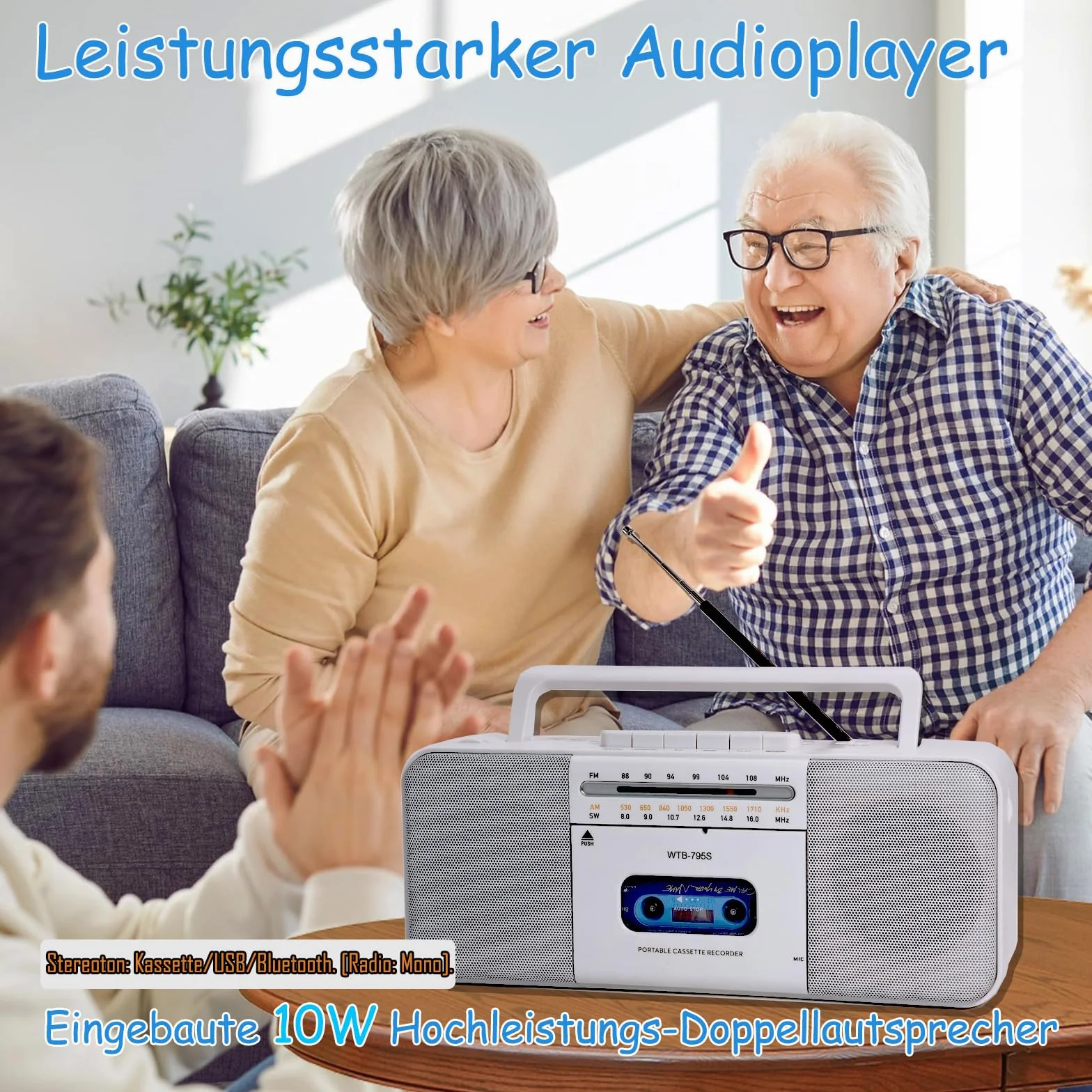 Lecteur cassette Boomboxe Bluetooth, enregistreur AM/FM/W, convertisseur cassette MP3, haut-parleur 10"
