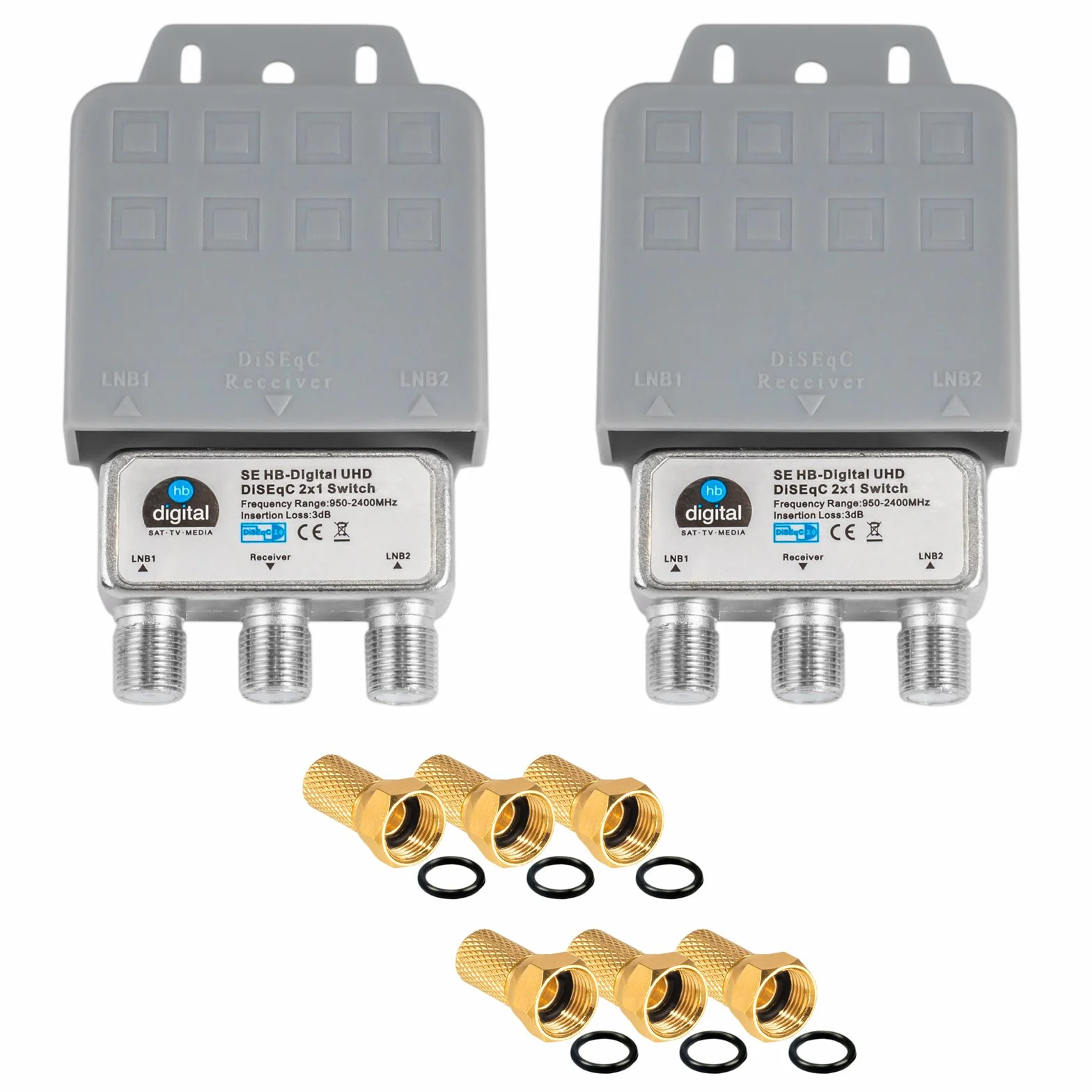 HB-DIGITAL 2 interrupteurs DiseqC 2/1 boîtier protection intempéries satellite LNB récepteur Full HDTV 3D 4K UHD 6 fiches F plaquées or