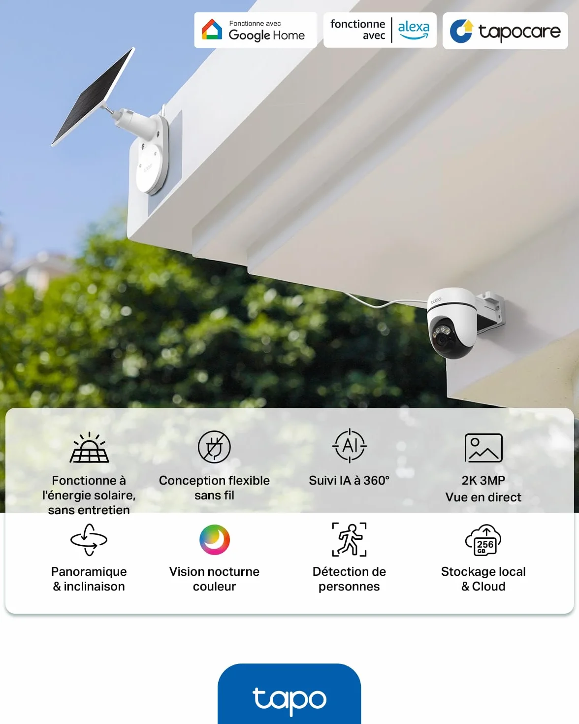 Tapo C610 Kit 2K 3MP Caméra WiFi Extérieur sans Fil Panneau Solaire 360° PTZ Surveillance Batterie 6700mAh Détection Humaine Vision Nocturne Couleurs Suivi AI IP65