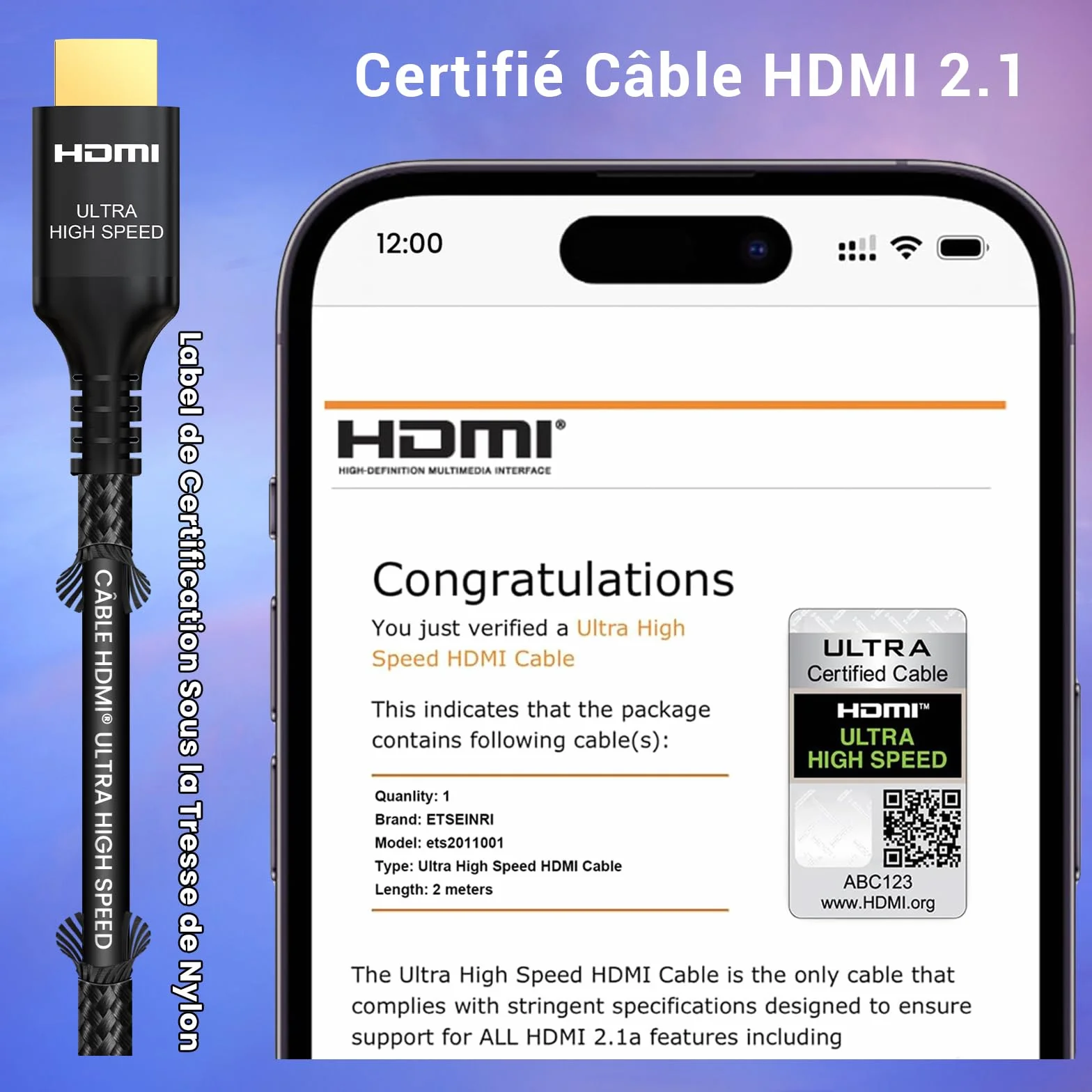 Etseinri Câble HDMI 2.1 2M, Certifié 48Gbps Ultra Haute Vitesse 4K 240Hz 8K 60Hz HDCP 2.3 eARC HDR10+ Dolby Vision pour PC Moniteurs Gaming HDTV