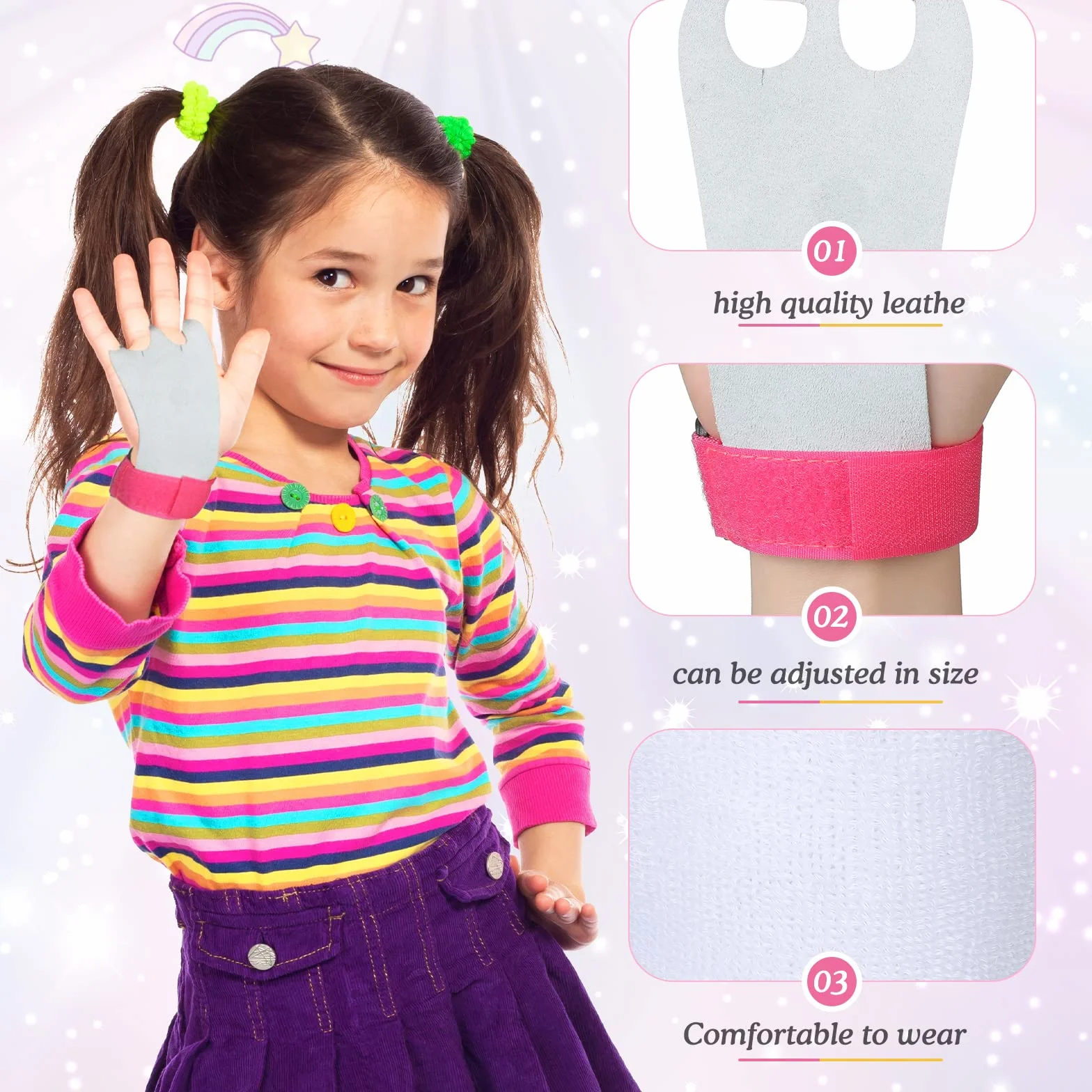BBTO Manique Gym Poignées de Gymnastique Fille avec Bracelets Sweatband Bandeau Protection Palme et Poignet de Soutien Rose Blanc S