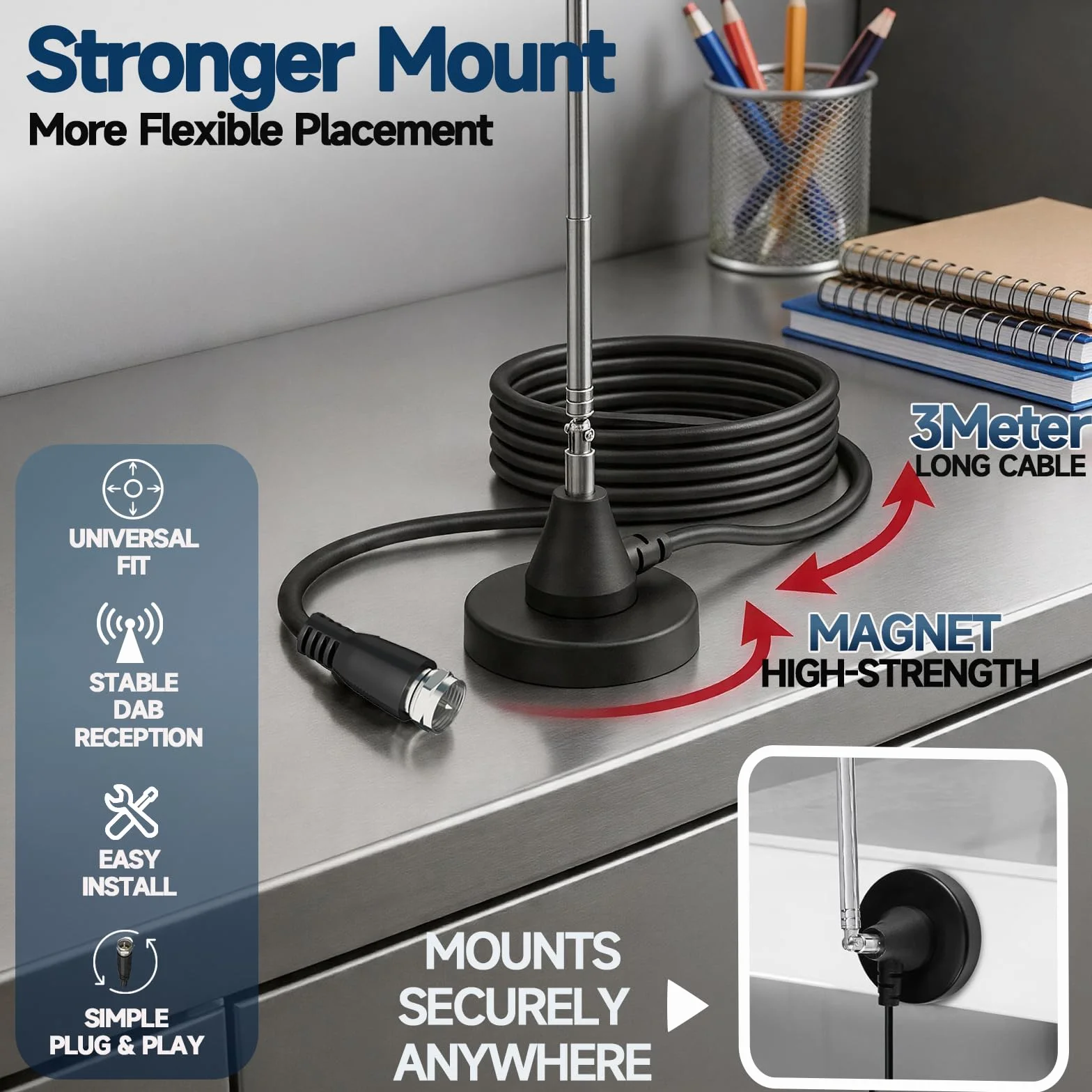 Bingfu Antenne Radio Dab FM Intérieure Télescopique 79 cm Antenne Numérique Amplifiée Maison avec Base Magnétique Câble de 3m pour Chaine HiFi Ampli Tuner FM Dab+ Dab Poste Radio Récepteur AV Stéréo