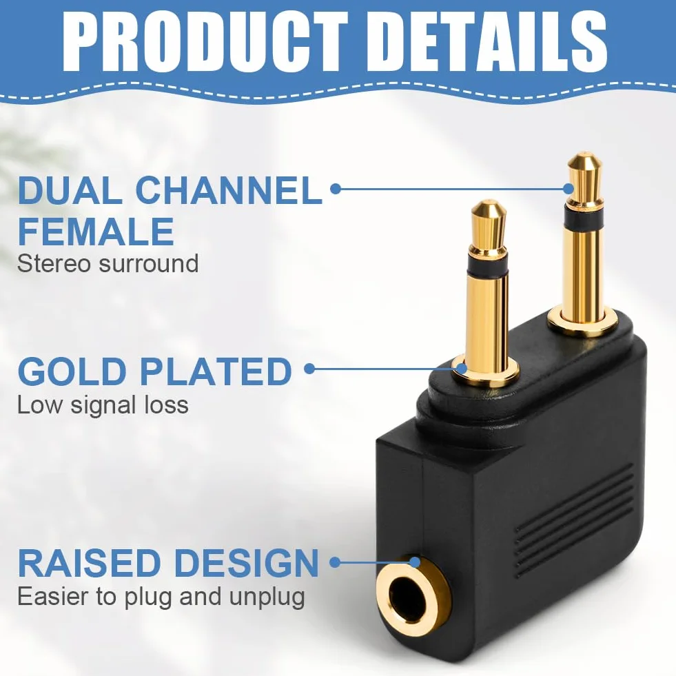 Adaptateurs pour Casque d’Avion Plaqué Or, Lot de 2, 3,5 mm Femelle AUX Audio Jack, Double Jack Adaptateurs Airline