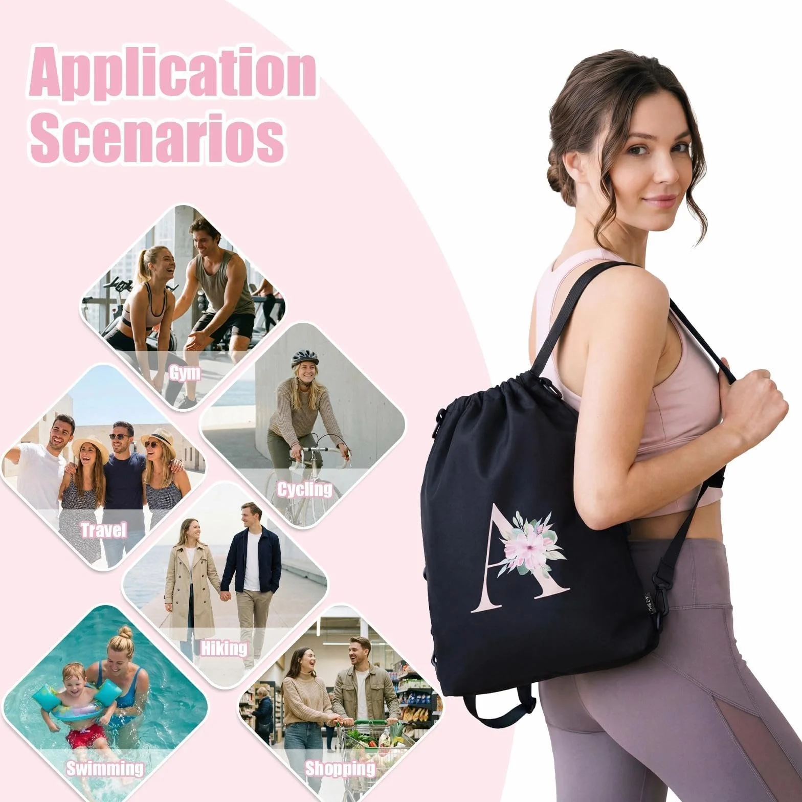 Sac à dos personnalisable imperméable 4 en 1 avec initiale florale, Noir, L