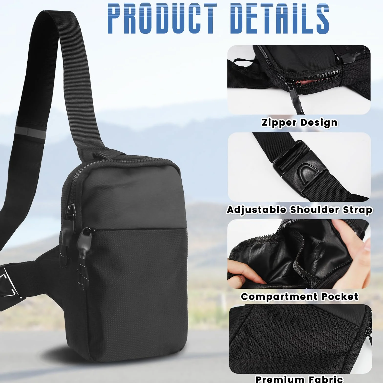 Noir Nylon Sac de Poitrine à Bandoulière Hommes, Sac Poitrine Petit Anti Vol Cross Body Bag Imperméable