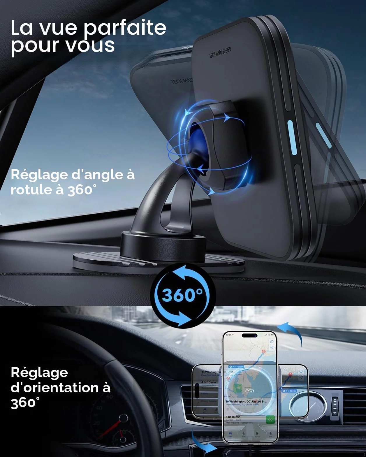 ESR 15W Support Telephone Voiture Magsafe, Chargeur Magsafe Voiture, Support Telephone Magnétique Chargeur sans Fil pour iPhone Air/17/17e/16/15/14/13/12, Galaxy S26/S25 Series, Charge Rapide, Noir