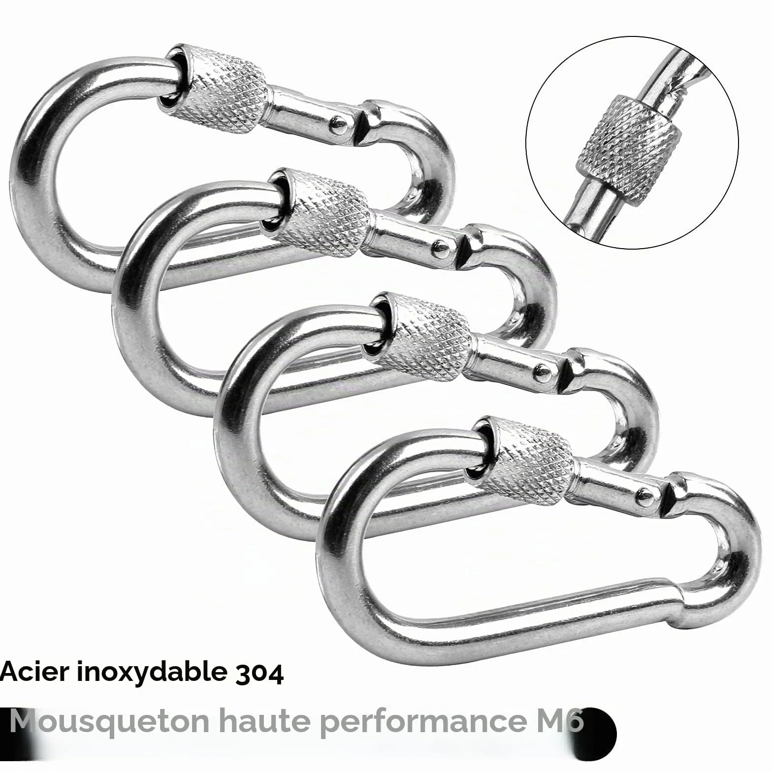 Lot de 4 Mousquetons M6 Acier Inoxydable 135 kg, Mousqueton à Vis pour Camping Clés Extérieur