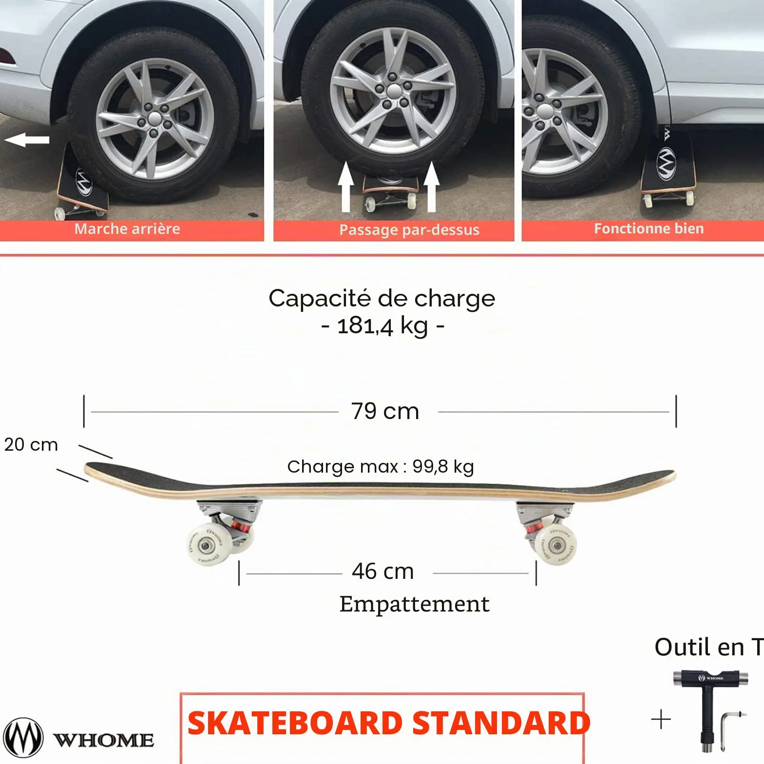 WHOME Pro Skateboard Complet 31x8 inch Plateau 8 Plis érable Alpin Roulement ABEC-9