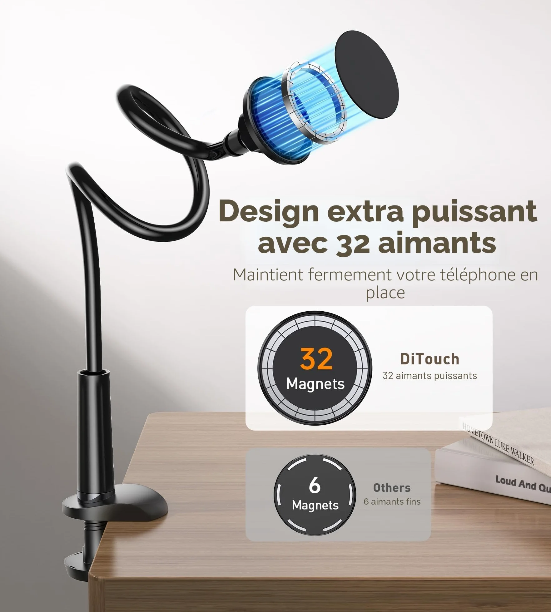 Support Téléphone Lit Réglable Pivotant 360° Col de Cygne Mag-Safe avec Anneaux Métal pour iPhone 17 16 15 14 13 12 Pro Max Plus
