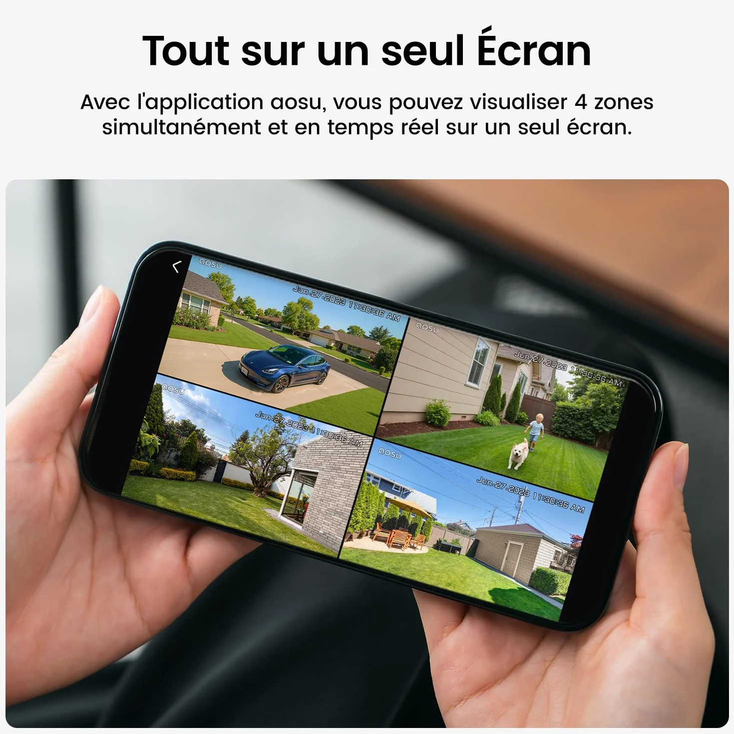 AOSU 2K Caméra Surveillance Extérieure sans Fil, Base+ 4 Cam, 32 Go Stockage Local,3MP WiFi Solaire Caméra Exterieur à Batterie, Panneau Solaire Intégré, Vision Nocturne Couleur,Détecteur de Mouvement