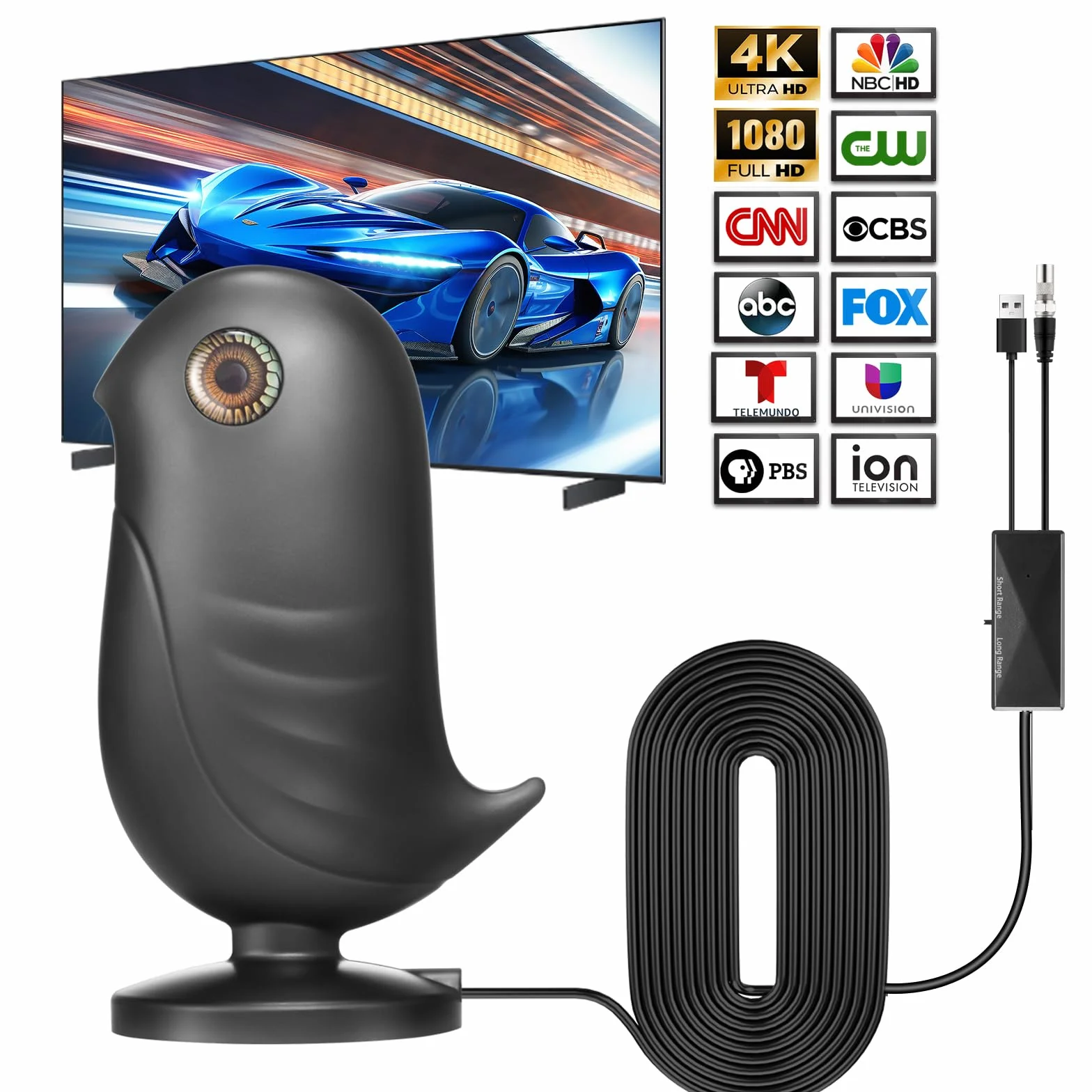 Antenne TV Intérieure Puissante, Antenne TNT HD 4K avec Amplificateur de Signal, Réception Longue Portée 650km, 360° sans Angle Mort Compatible DVB-T/T2 pour Téléviseur Numérique Intelligent
