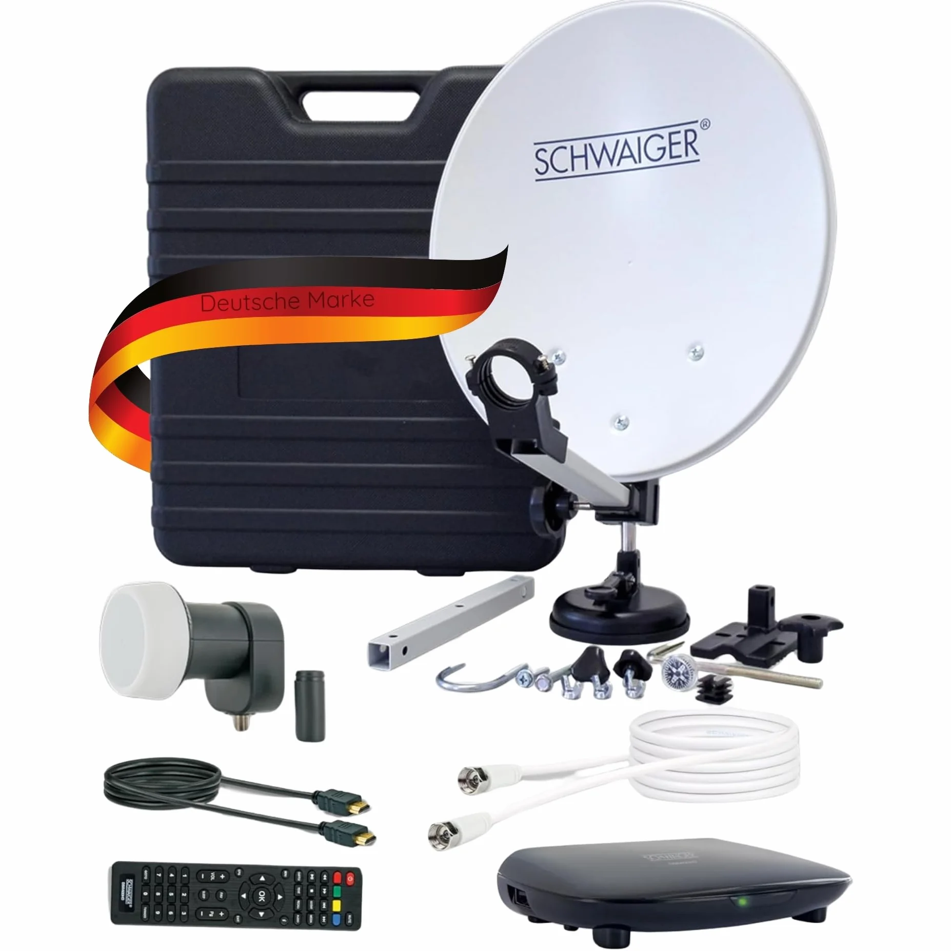 SCHWAIGER 9604 Satellite Installation Kit Complet Parabole Sat LNB Simple Récepteur Satellite Câble HD 10m Antenne Acier 35x38cm