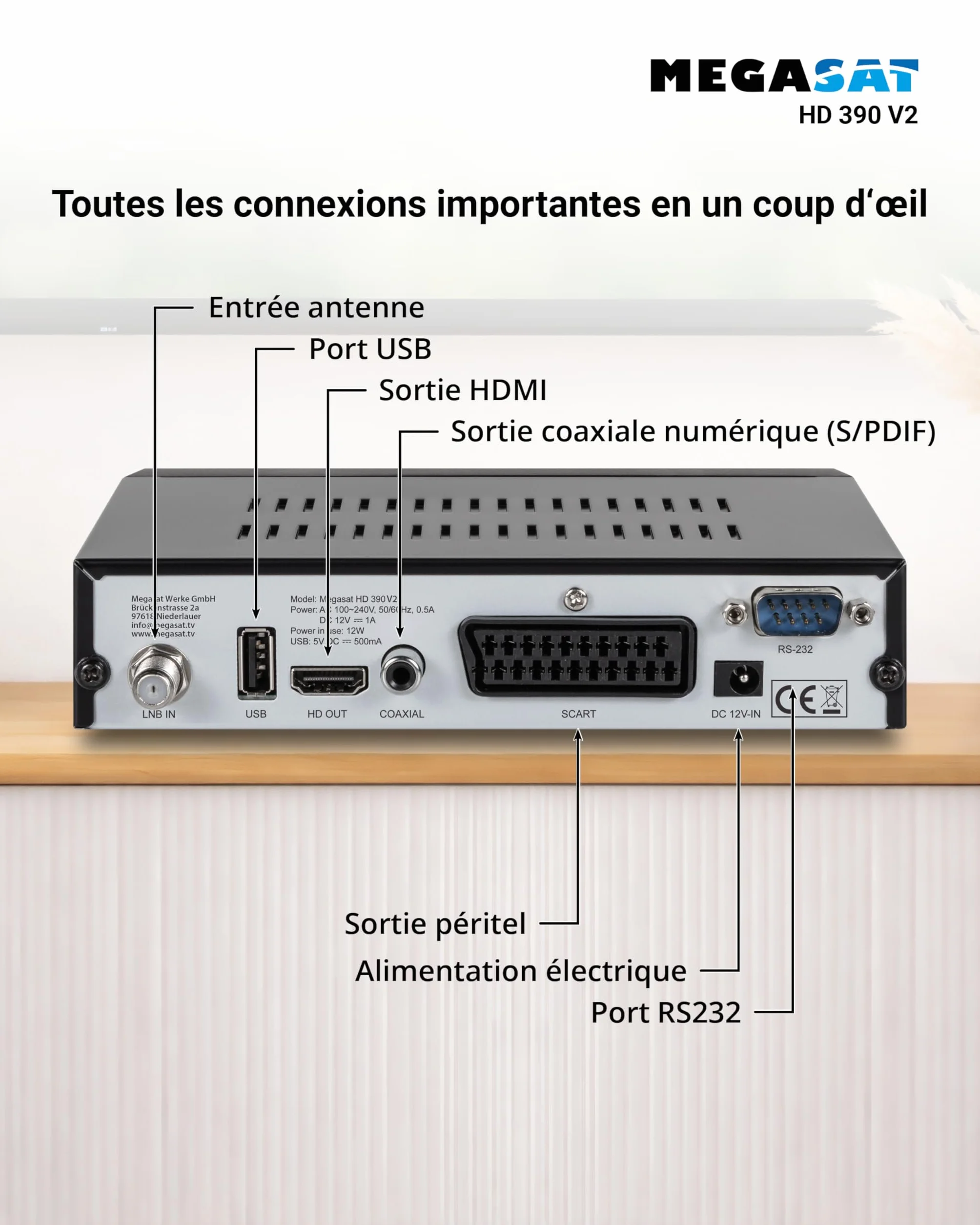 Megasat HD 390 – Récepteur Satellite HD (DVB-S/DVB-S2, Lecteur multimédia, HDMI, Péritel, 2 × USB, écran) – Noir