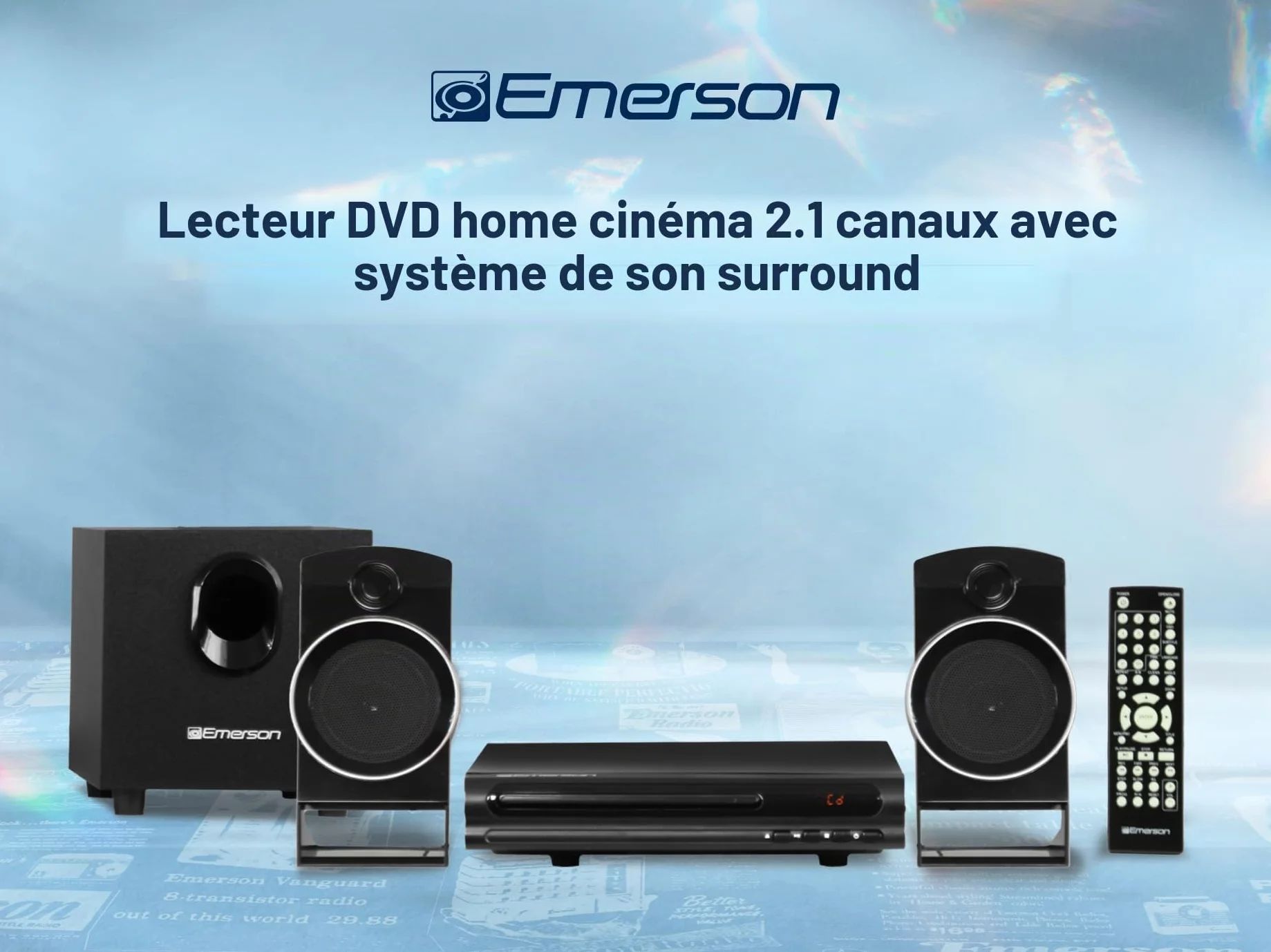 Emerson ED-8050 Système Home Cinéma 2.1 Canaux Lecteur DVD Son Surround Subwoofer Sortie HDMI Lecture USB Haut-Parleurs