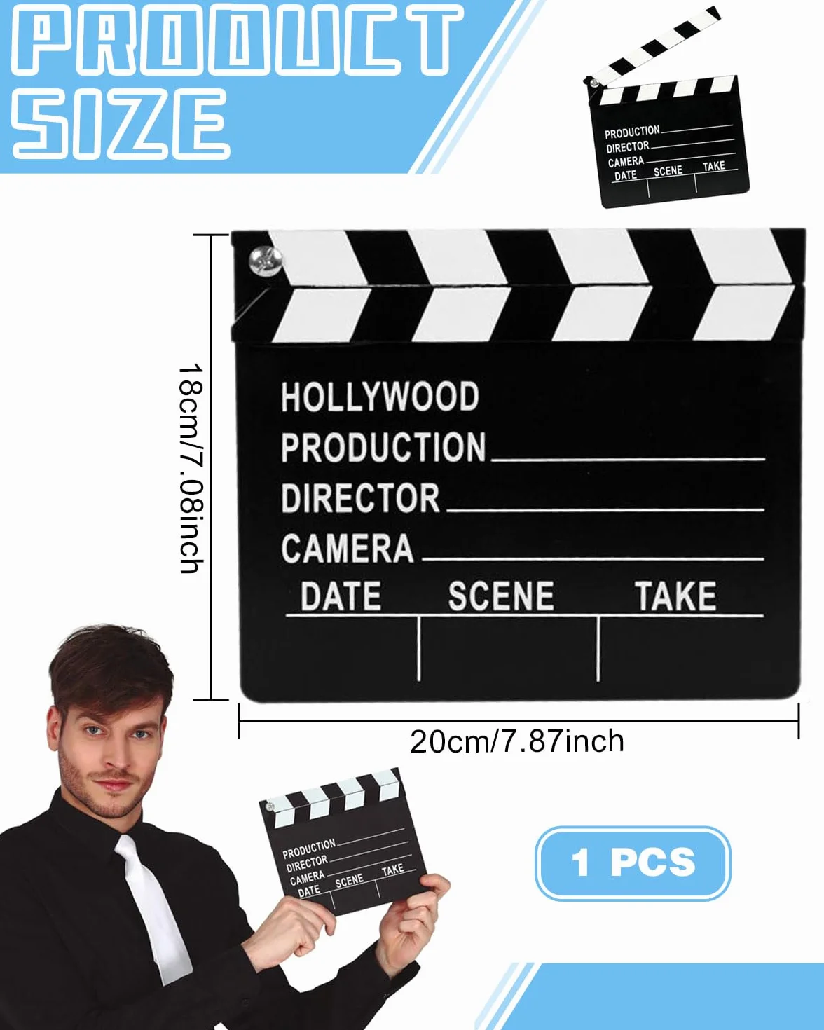 1 clap de cinéma en carton, 20 x 18 cm, clap de réalisateur, tableau de tournage, couverture à rabat, notes de scène, couverture effaçable, accessoire de tournage (noir et blanc)