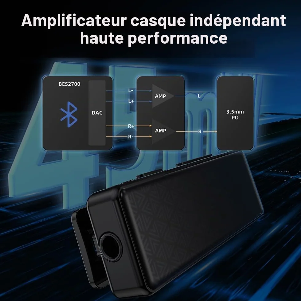 FiiO BTR11 Récepteur Bluetooth 5.3 LDAC 3,5 mm Adaptateur d'amplificateur pour casque audio sans fil avec microphone intégré (Noir)