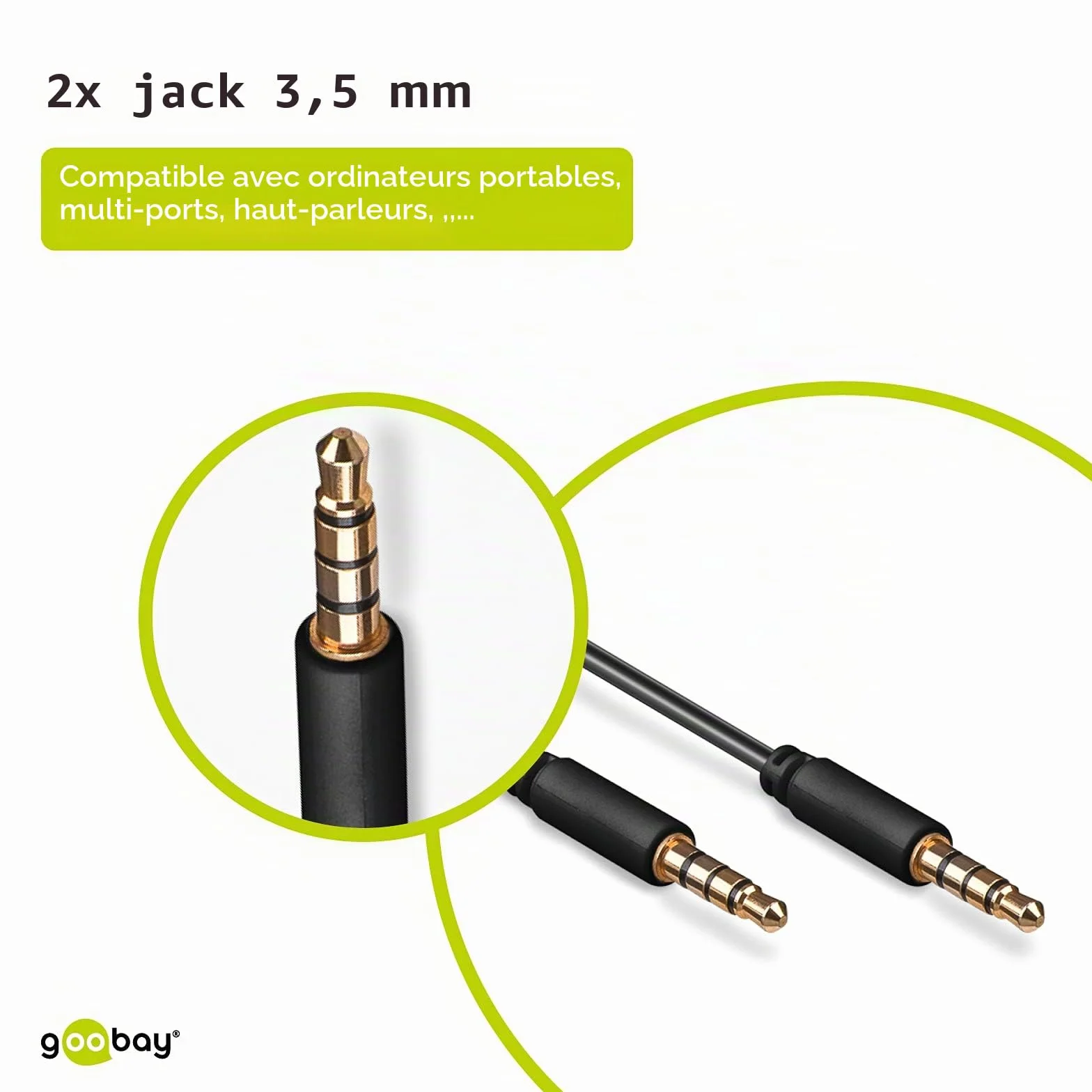Câble de Connexion Audio AUX, 3.5 mm Stéréo, 4 Pôles, Slim, CU, 2 m Longueur de Câble