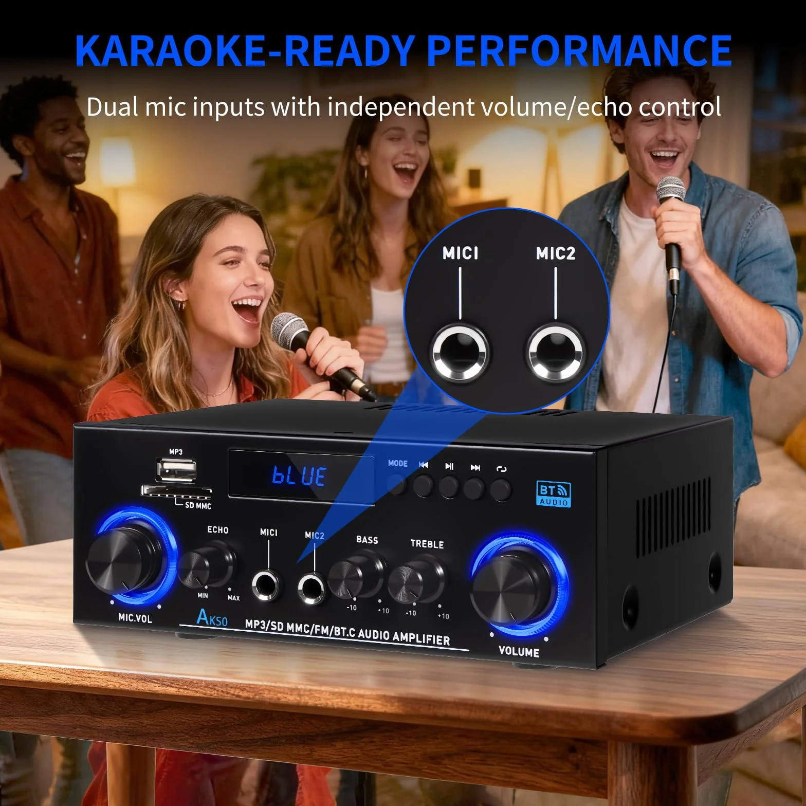Amplis Amplificateur Stéréo Bluetooth 5.3 1000W Puissance Maximale avec Radio FM et Micro, Système Audio Hi-Fi 2.0 Canaux 50W+50W RMS, Contrôle Basse/Aigus pour Maison, Voiture, Karaoké, TV