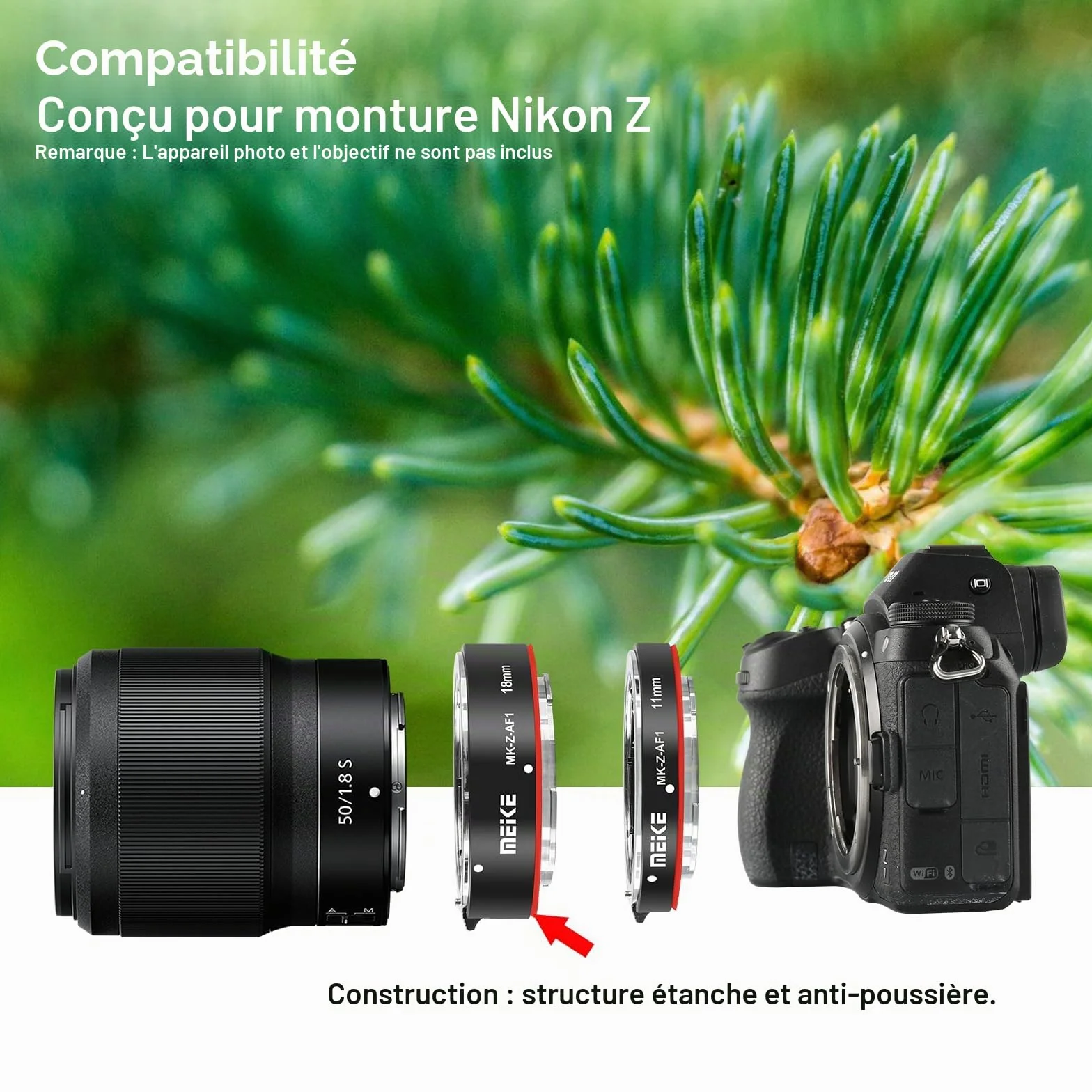 Meike MK-Z-AF1 Ensemble de Tubes d'extension Macro à Mise au Point Automatique en métal (11 mm + 18 mm) Compatible avec Nikon Z5 Z6 Z6II Z7 Z7II Z50