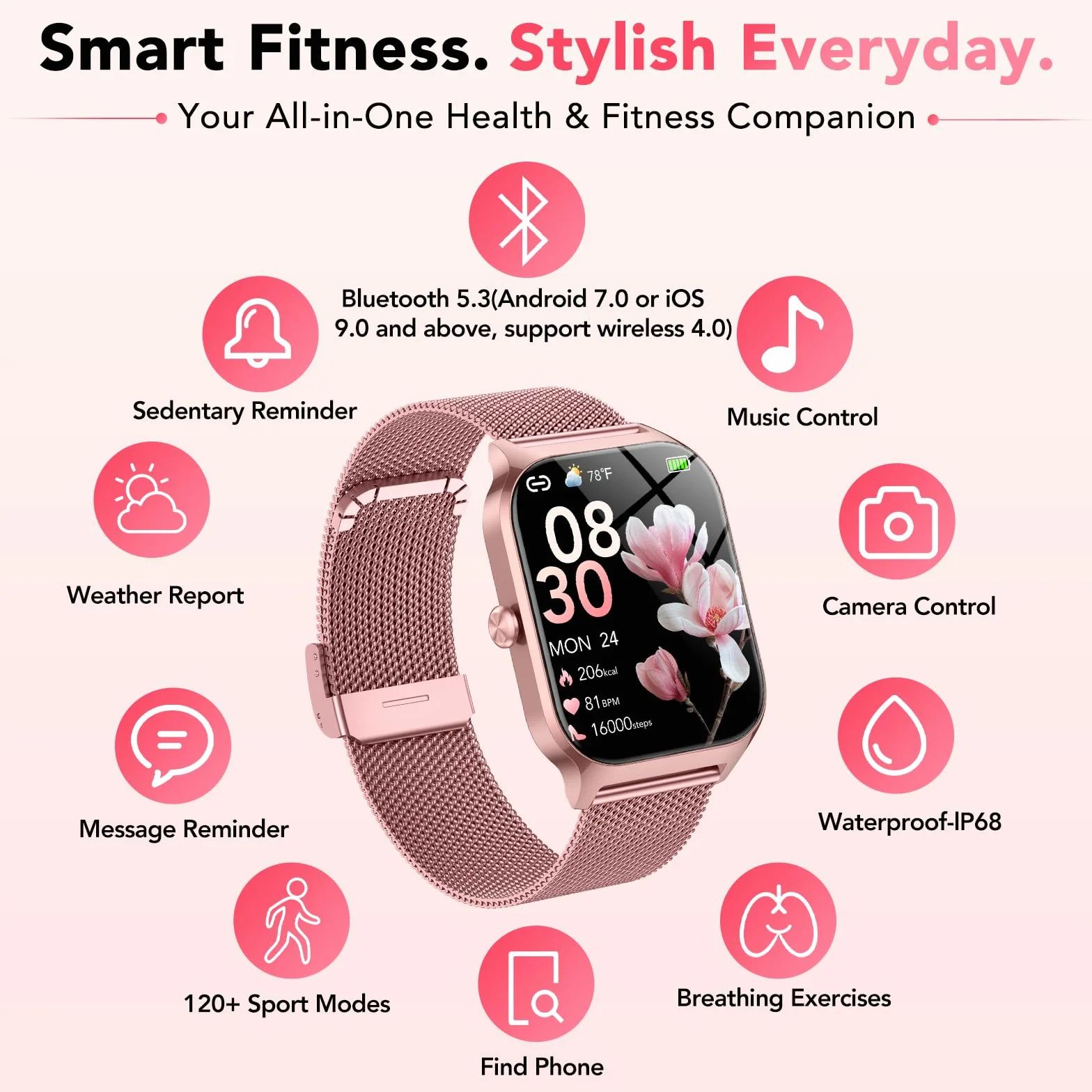 CASCHO Montre Connectée Femme avec Appel Bluetooth,1.85" HD Smartwatch Femme avec Fréquence Cardiaque/Sommeil/SpO2, 120+ Modes Sportifs, IP68 Étanche Fitness Tracker, Montre pour Android iOS Rose
