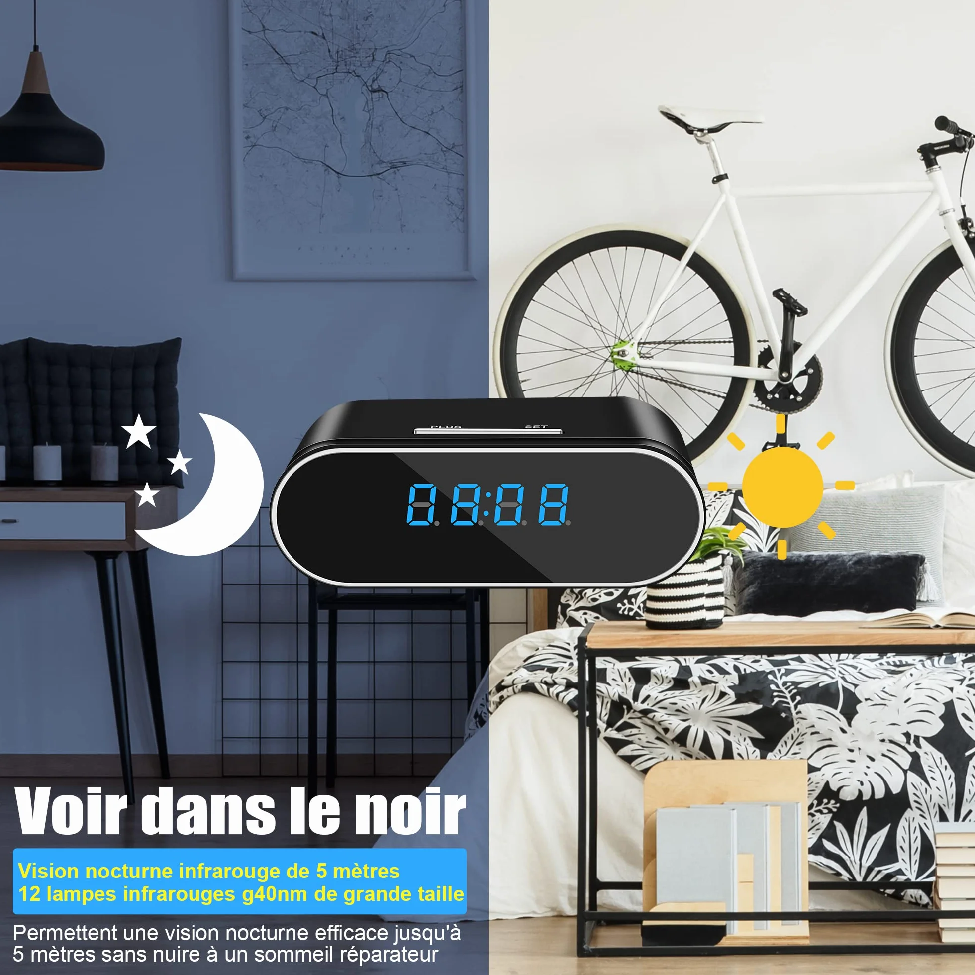Caméra de Surveillance WiFi Intérieure 1080P Mini Espion Sans Fil Vision Nocturne Détecteur de Mouvement Noir