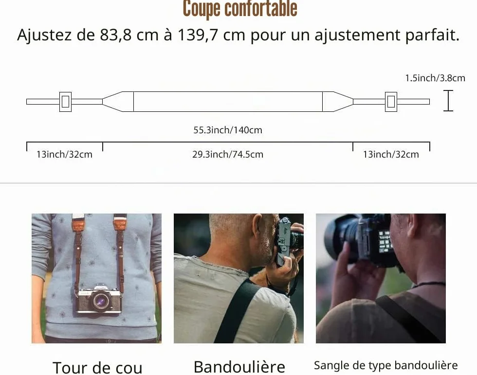 MoKo Sangle pour Caméra, Ceinture de Cou en Toile de Coton Tressée avec Bandoulière Réglable pour Tous Les Appareils Photo Numériques DSLR Canon, Fuji, Nikon, Olympus, Pentax, Sony - Kaki