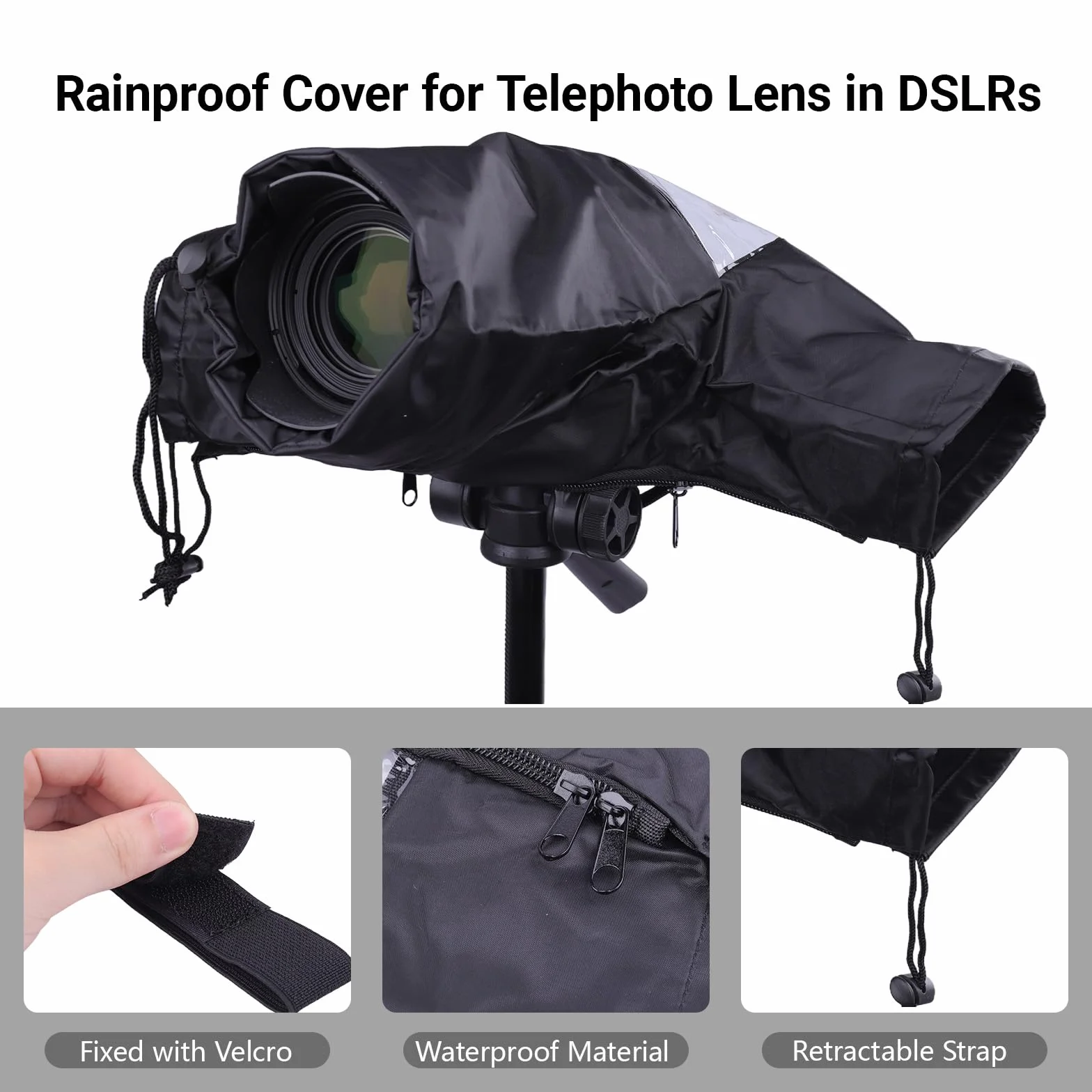 Housse De Protection Imperméable en Nylon pour Appareils Photo Reflex DSLR – Couverture Anti-Pluie pour Fujifilm, Canon, Sony – Ultra Claire avec Manches Réglables Et Accès Facile Aux Commandes