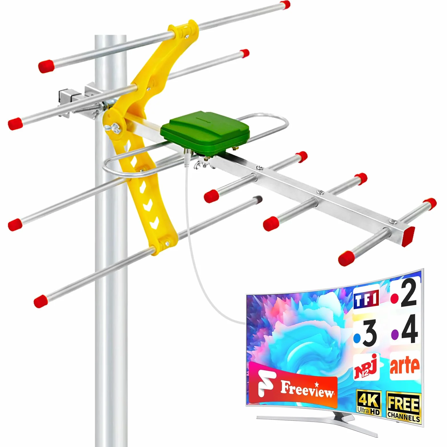 Antenne TV Extérieure Yagi 6 Éléments – Antenne Râteau TNT HD 4K Longue Portée, Réception TV Puissante et Stable, Compatible DVB-T/T2, Antenne Anti-Intempéries avec Câble Coaxial 10 m