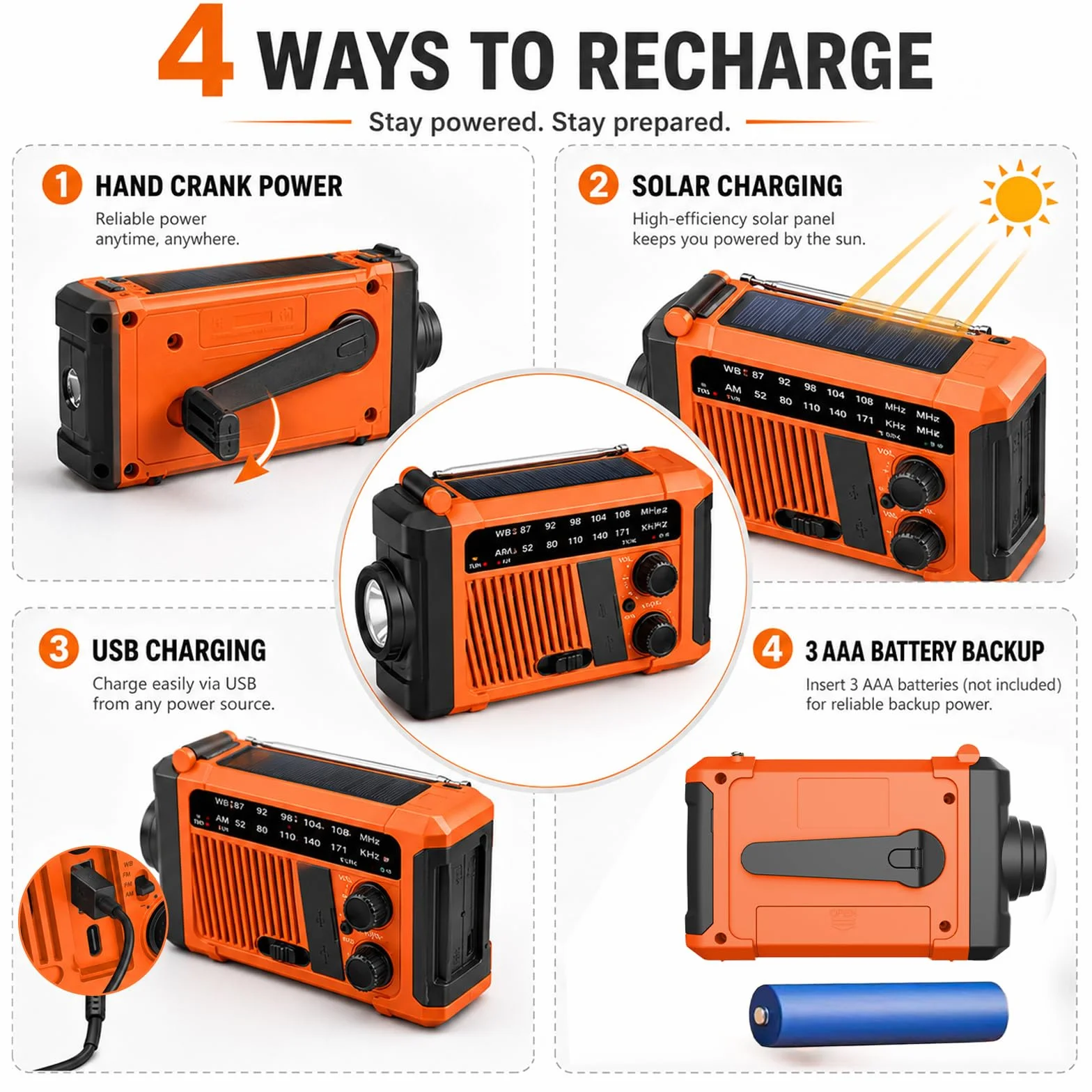 Radio d'urgence solaire à manivelle 2000 mAh AM/FM SOS Lampe LED Charge USB Camping