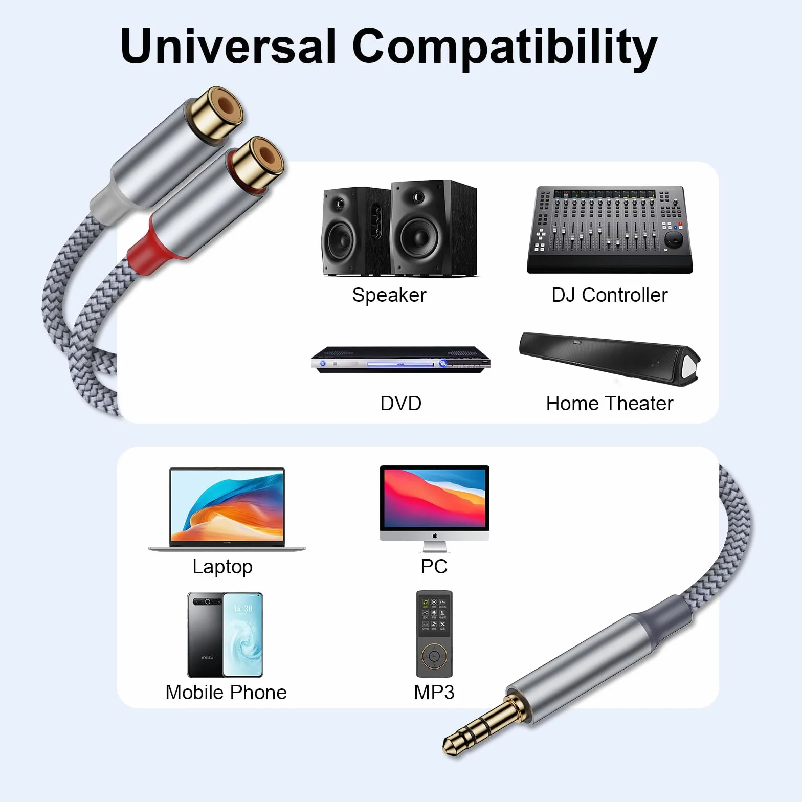 Câble audio RCA vers prise jack stéréo 3,5 mm, connecteur 3,5 mm vers 2 x prises RCA, compatible avec smartphones, lecteurs MP3, tablettes, haut-parleurs, systèmes de cinéma maison, appareils