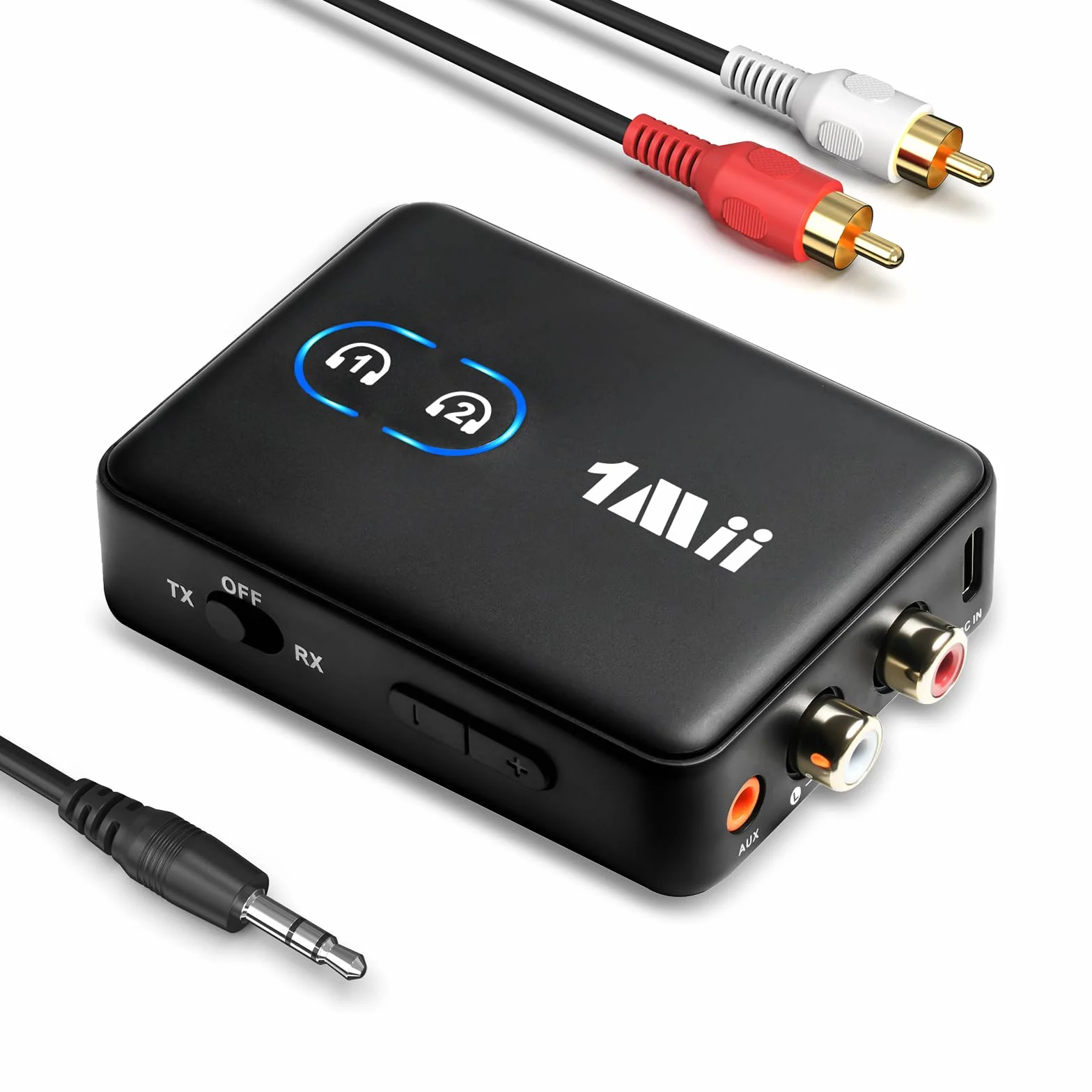 1Mii ML302 Transmetteur Récepteur Audio Bluetooth 5.3, RCA 3.5mm Jack Émetteur Adaptateur Bluetooth pour 2 Casque sans Fil, Son Hi-FI aptX LL/AD/HD pour TV, Chaîne Stéréo, PC, 30H Playtime