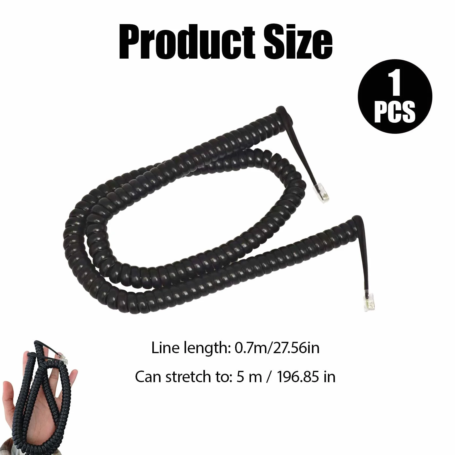 5m RJ9 Câble Téléphonique Incurvé à Ressort en Spirale, 4P4C Câble pour Combiné de Téléphone Fixe, pour Combiné Téléphonique Bureau et Maison, Cable Telephone Fixe Noir, Cordon Telephone Fixe
