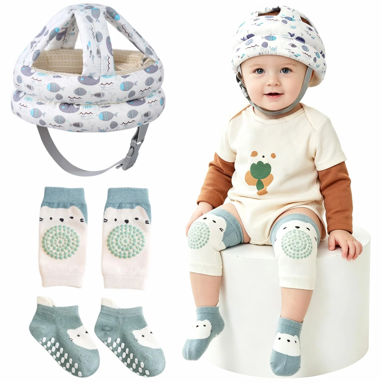 Solivive Casque Bébé Antichoc Protection, Anti Choc pour Bébé avec Longueur Réglable, Chaussettes Antidérapantes et Genouillères